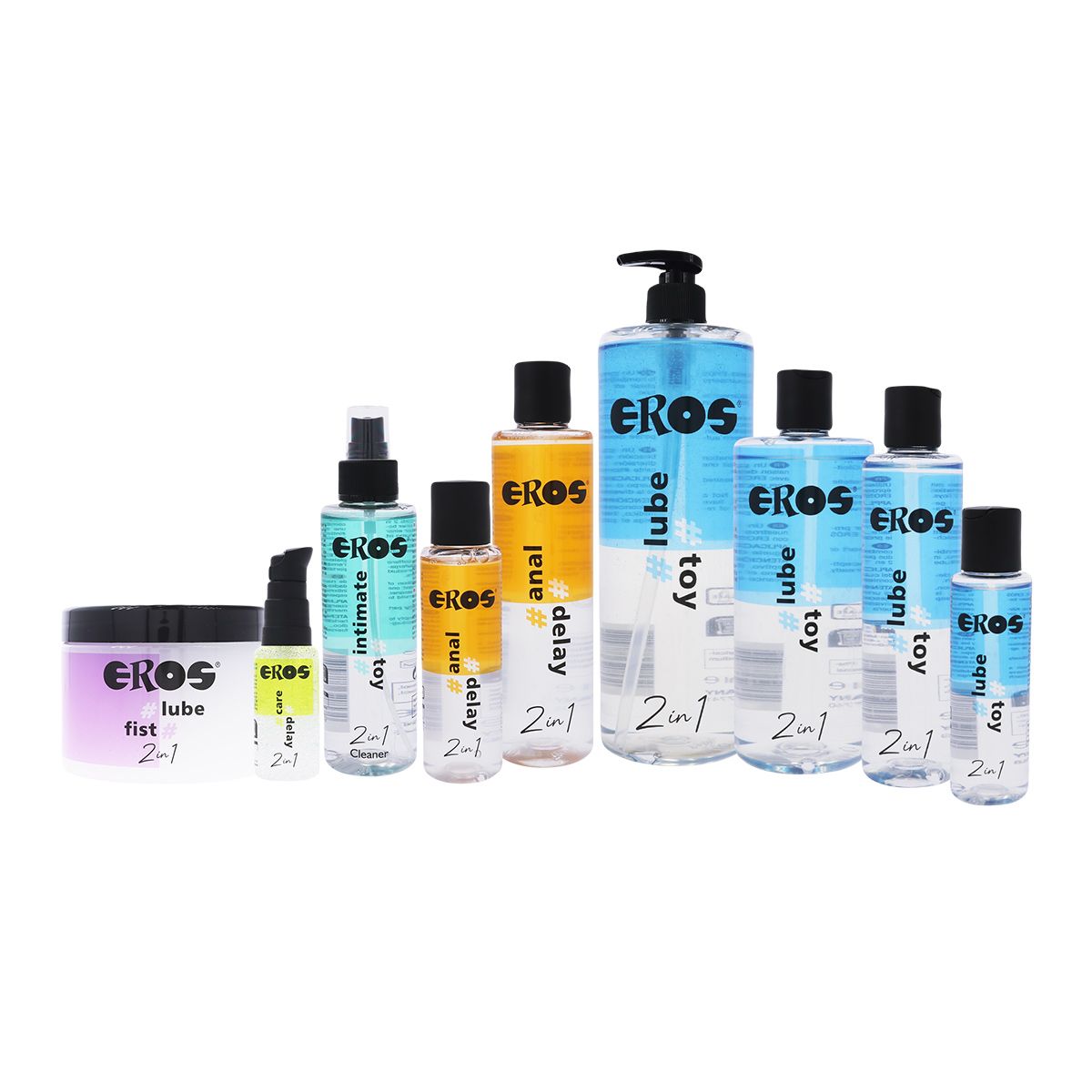 Divers produits EROS. Bouteilles et pots avec étiquettes. Inscription : EROS, #lube, 2in1, intime, anal, retard, jouet.