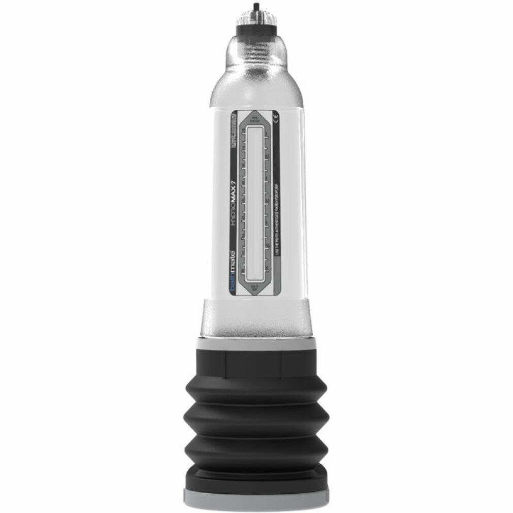 Hydromax 7 penispomp, transparant, met zwarte balg en schaal.