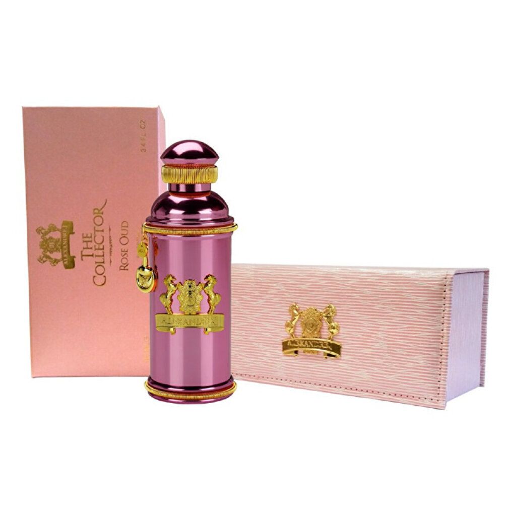 Roze fles met gouden details, in roze verpakking. Opschrift: The Collector Rose Oud.