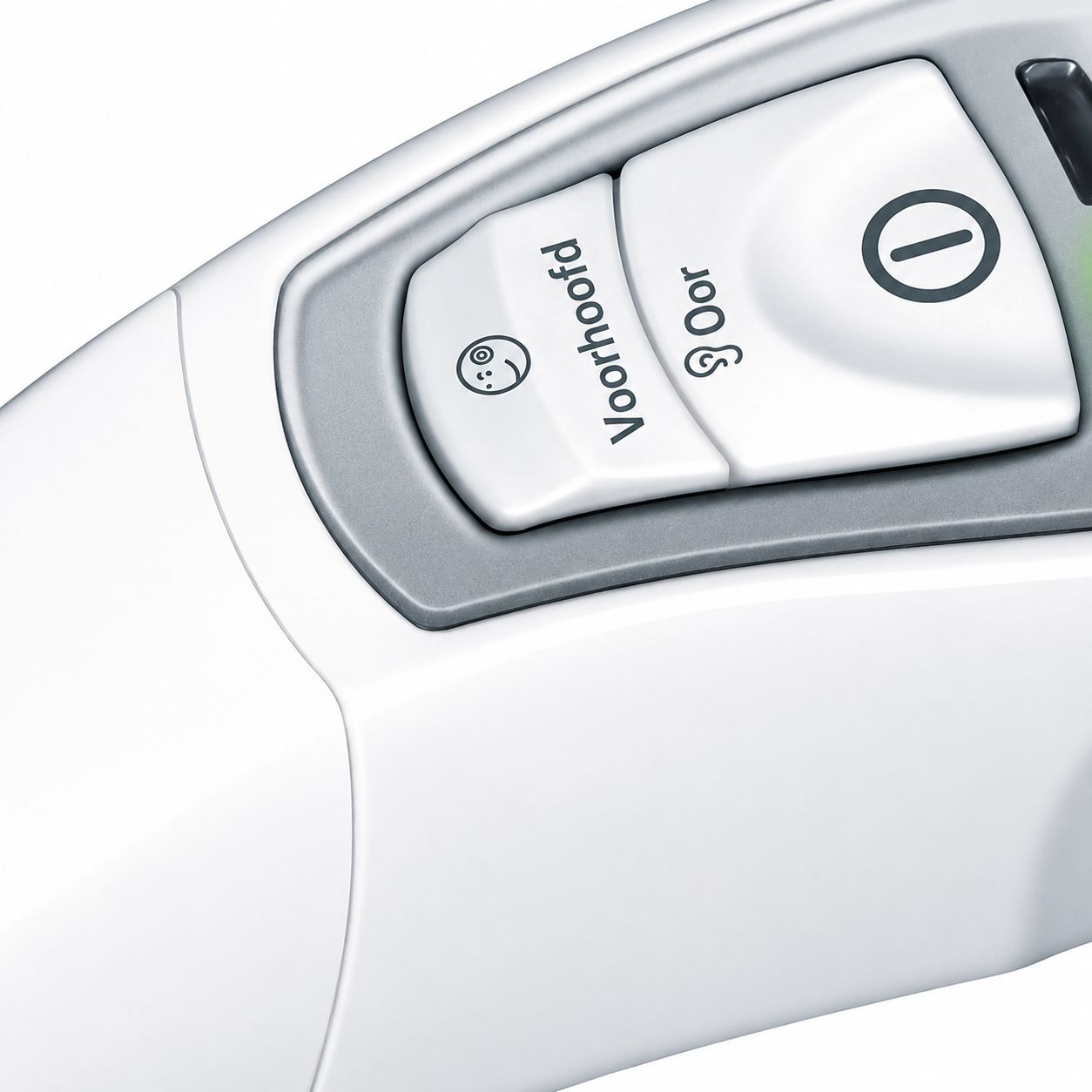 Close-up van een witte thermometer met twee knoppen: 'Voorhoofd' en 'Oor'.
