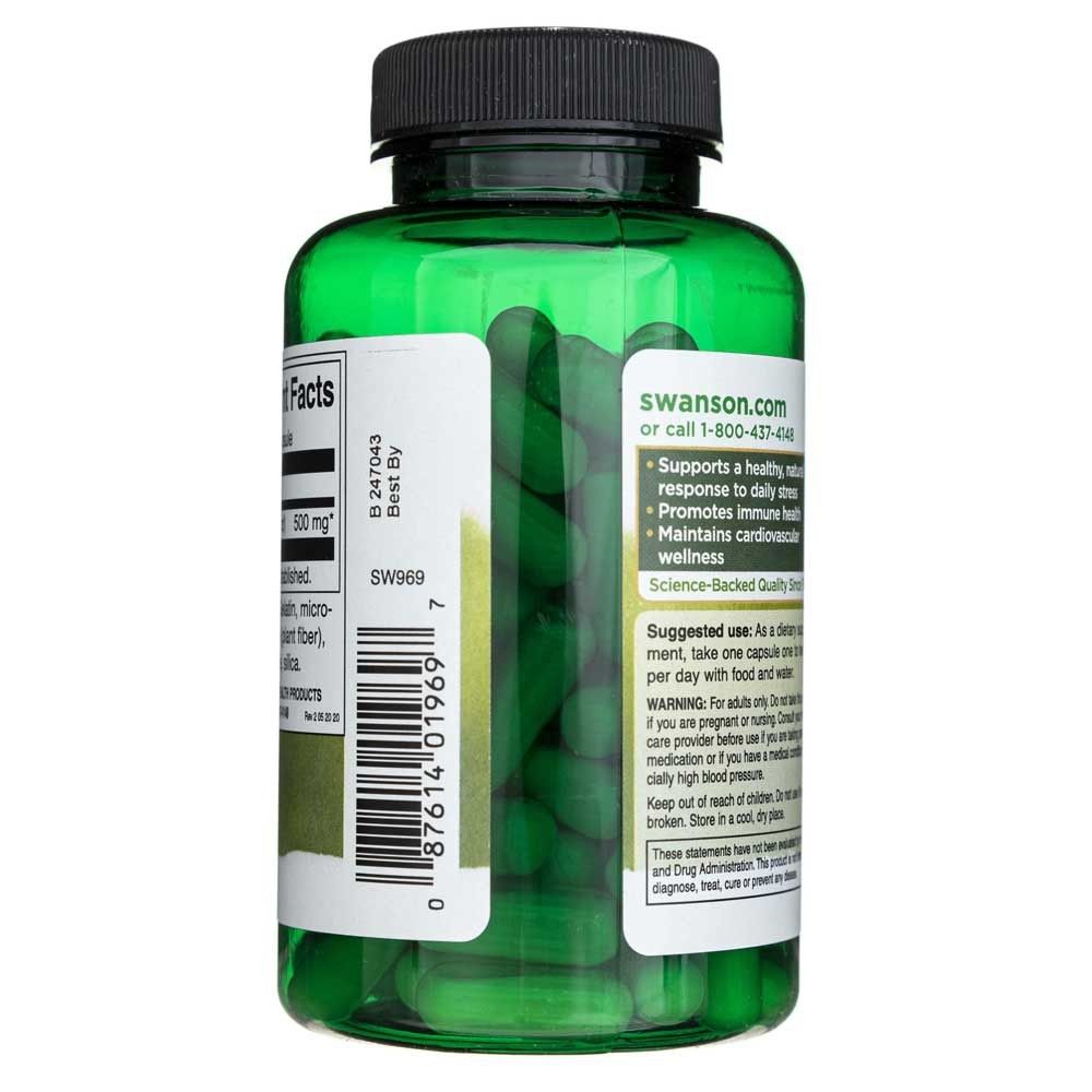 Bouteille verte de gélules de ginseng coréen Swanson, aperçu des gélules.