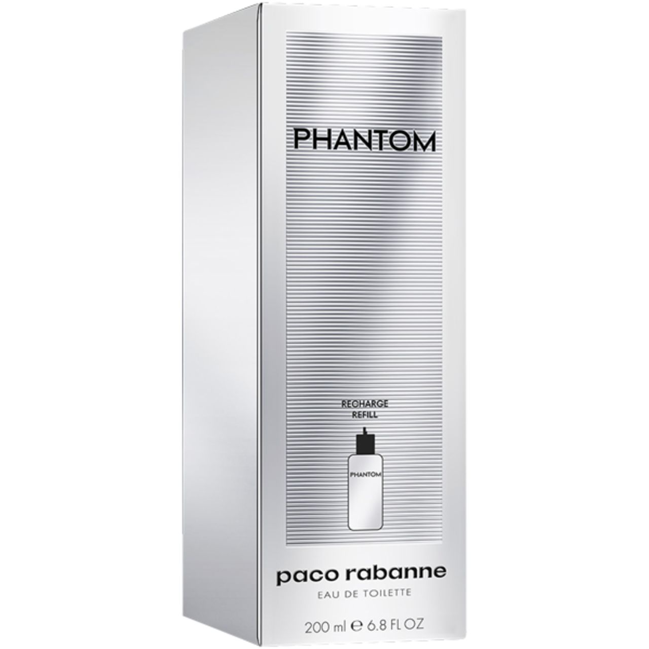 Boîte blanche avec logo Phantom et inscription. Contient un flacon de recharge. Inscription: Paco Rabanne Eau de Toilette.