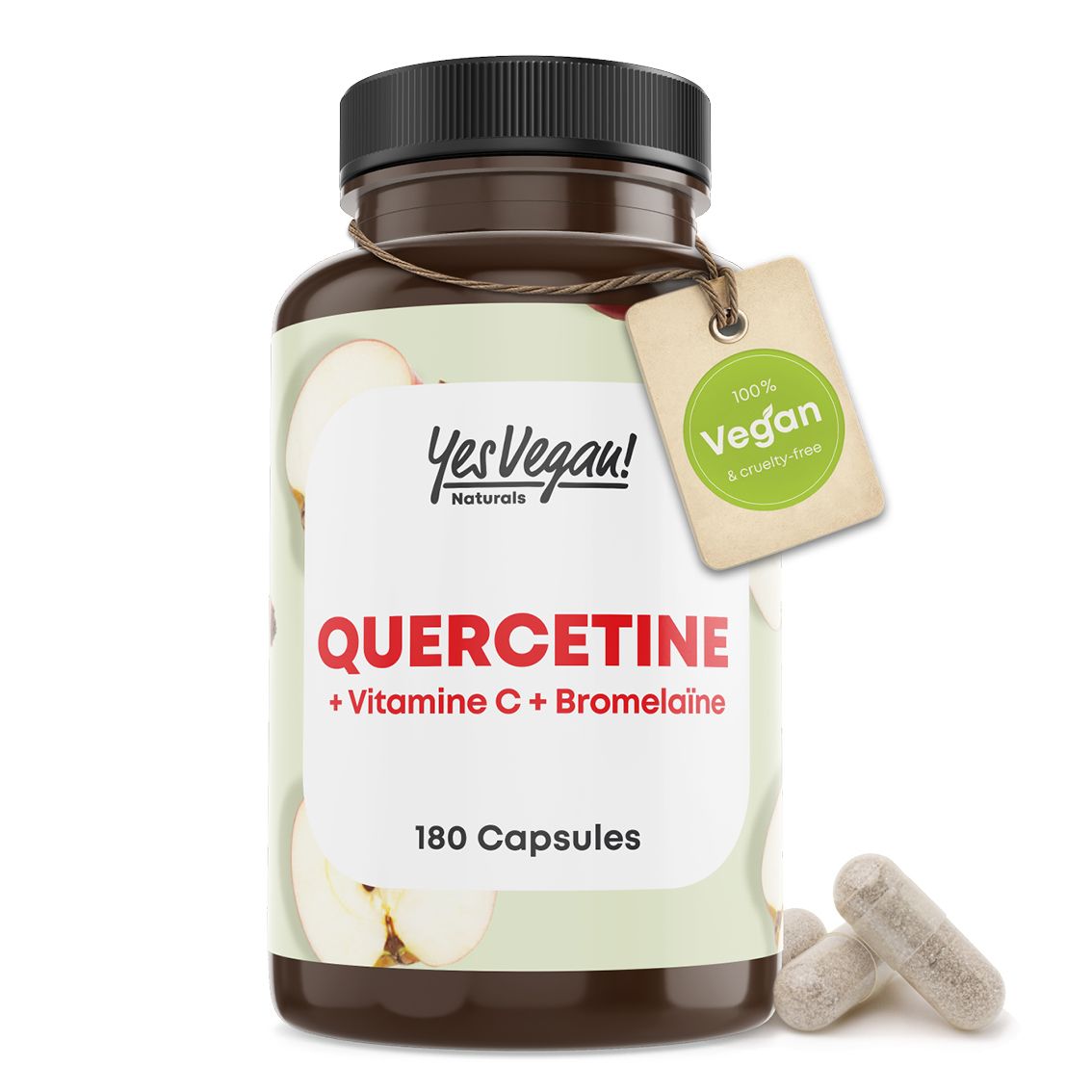 Fles met 180 capsules Quercetine + Vitamine C + Bromelaïne, met zegel.