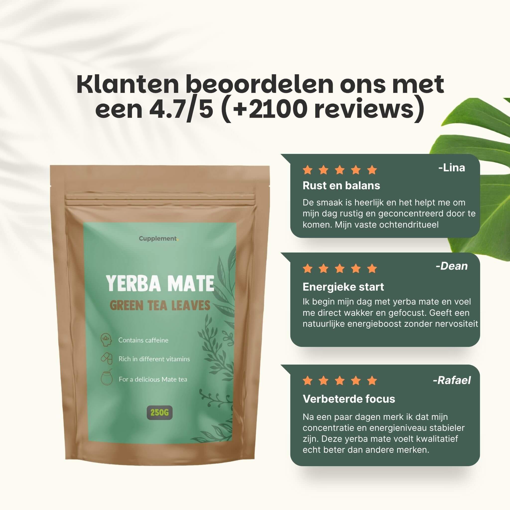 Zakje Yerba Mate Green Tea Leaves. Tekst: Onze klanten beoordelen ons met 4,7 van de 5 sterren. Klantcitaten.