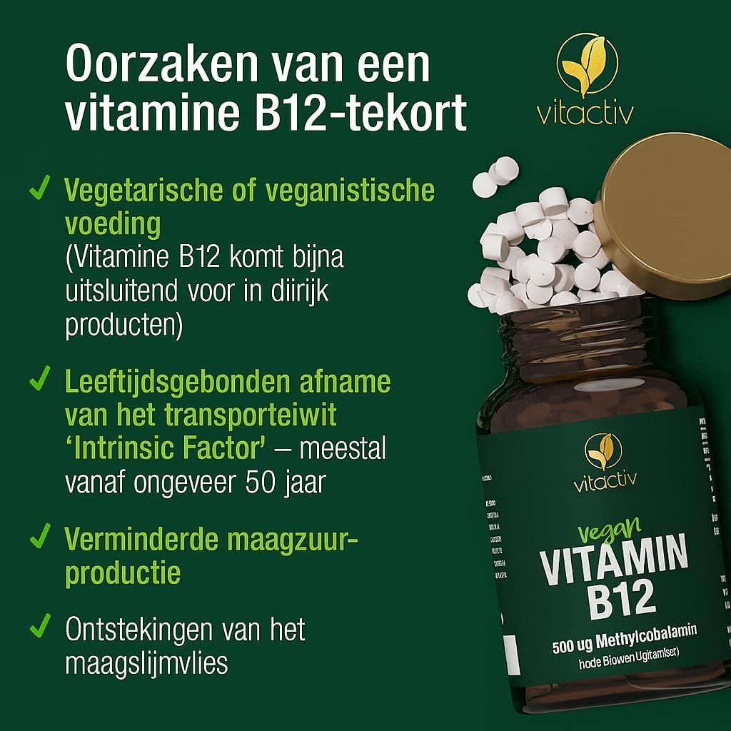 Donkerbruine glazen fles met goudkleurig deksel, etiket met vitactiv logo, vegan Vitamine B12, 500 µg methylcobalamine en hoge biologische beschikbaarheid.