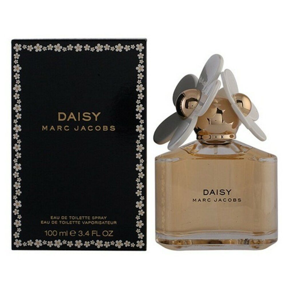 Parfumflesje en doos Daisy Marc Jacobs. Opschrift: DAISY MARC JACOBS. Zwarte doos met witte bloemen.