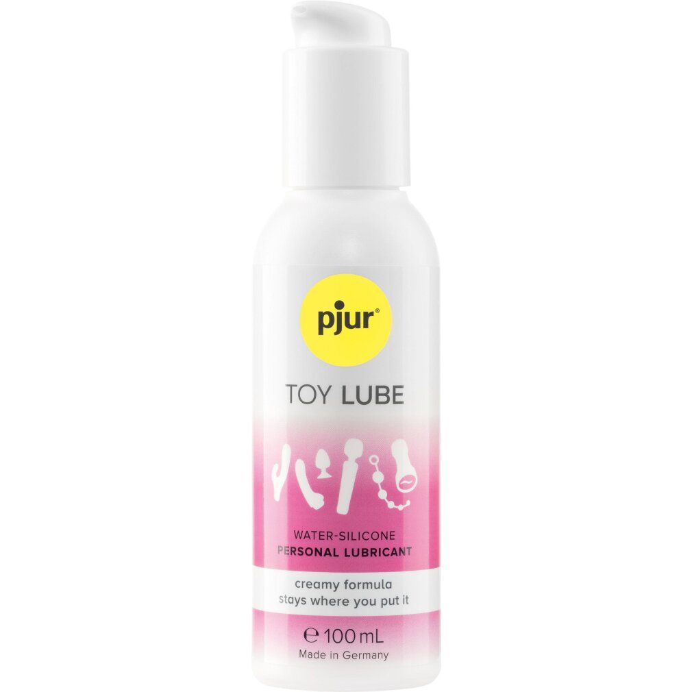 Witte fles met pomp. Opschrift: pjur Toy Lube. Roze design met symbolen. Water-siliconen glijmiddel. 100 ml.