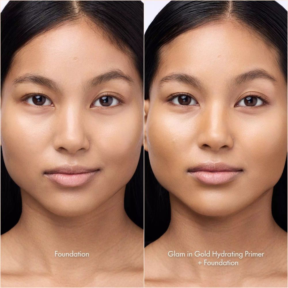 Comparaison de deux visages. Gauche : Fond de teint. Droite : Glam in Gold Hydrating Primer + Fond de teint. Teints différents.