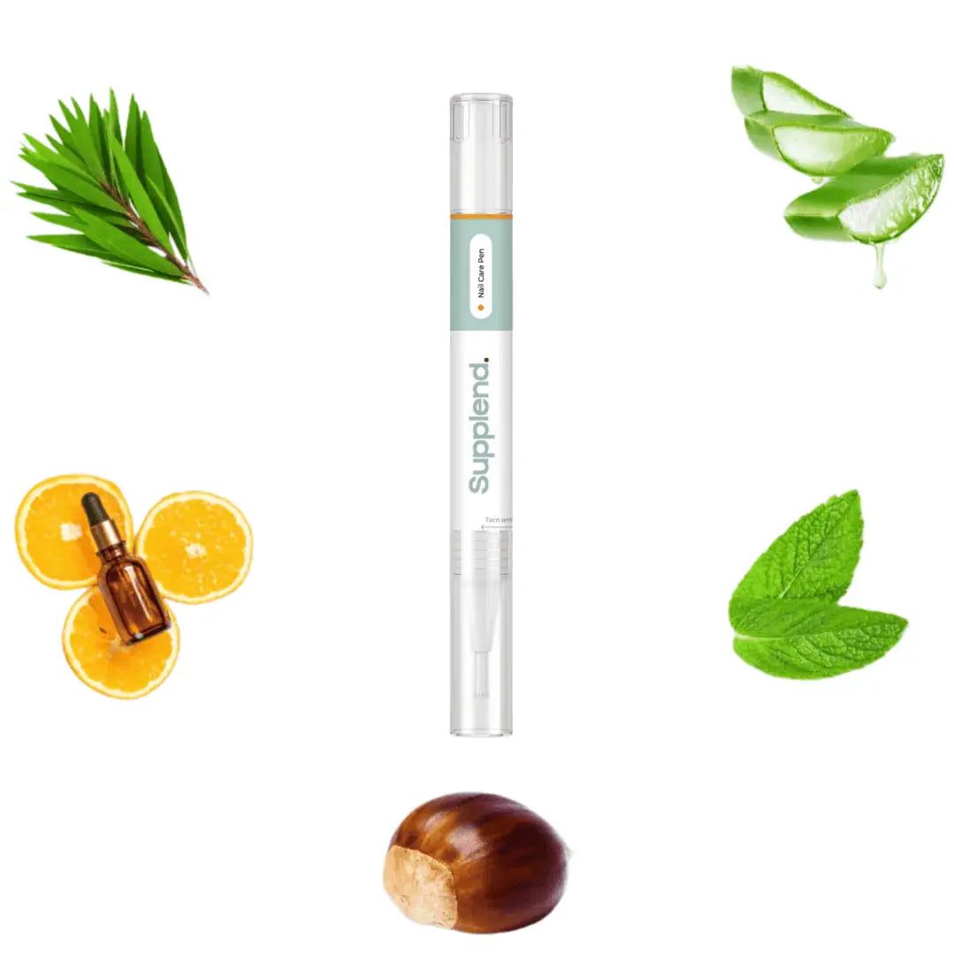 Nagelverzorgingsstift met natuurlijke ingrediënten zoals sinaasappel, aloë vera, munt en tea tree.