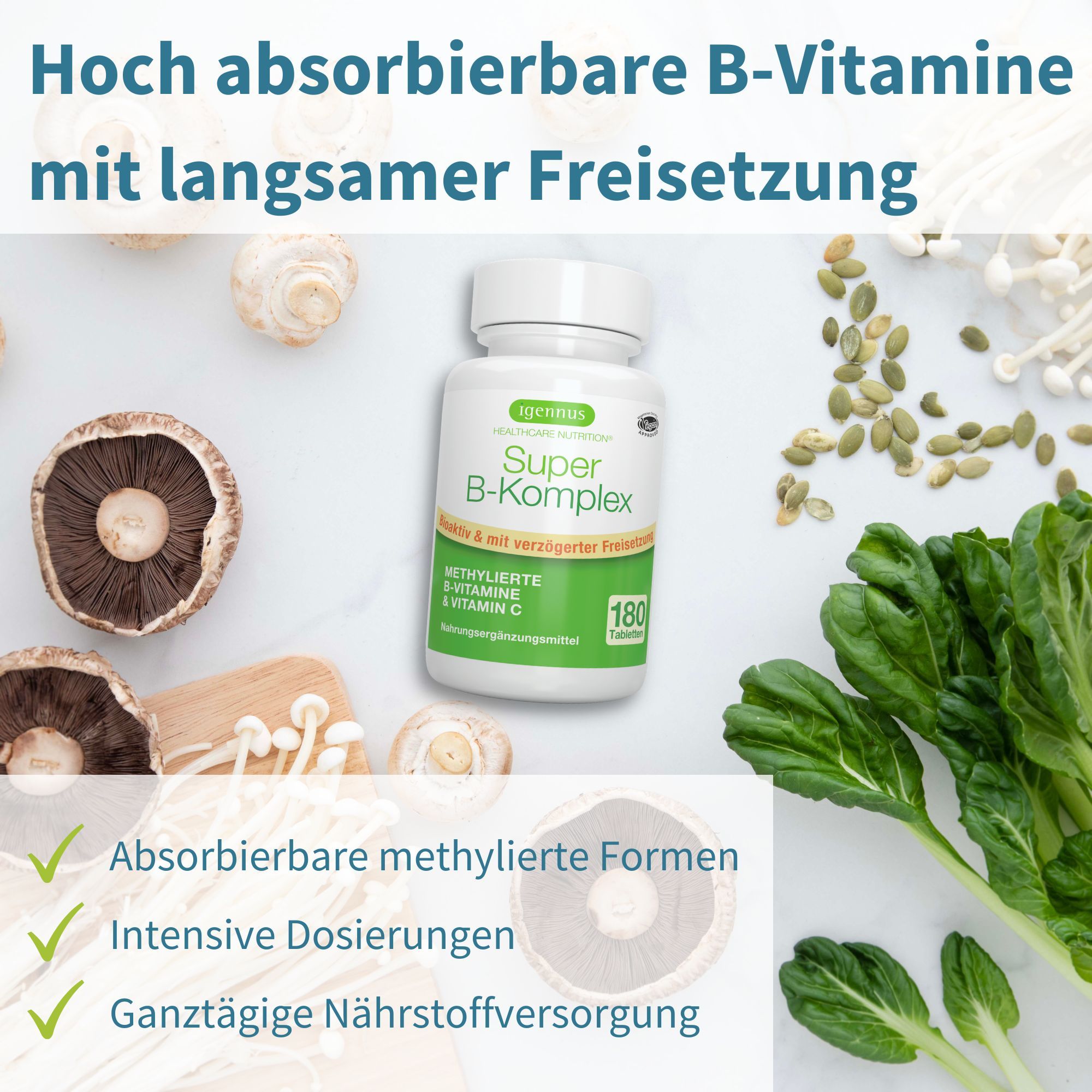 Bouteille Igennus Super B-Komplex de 180 comprimés, entourée de champignons et d'épinards.