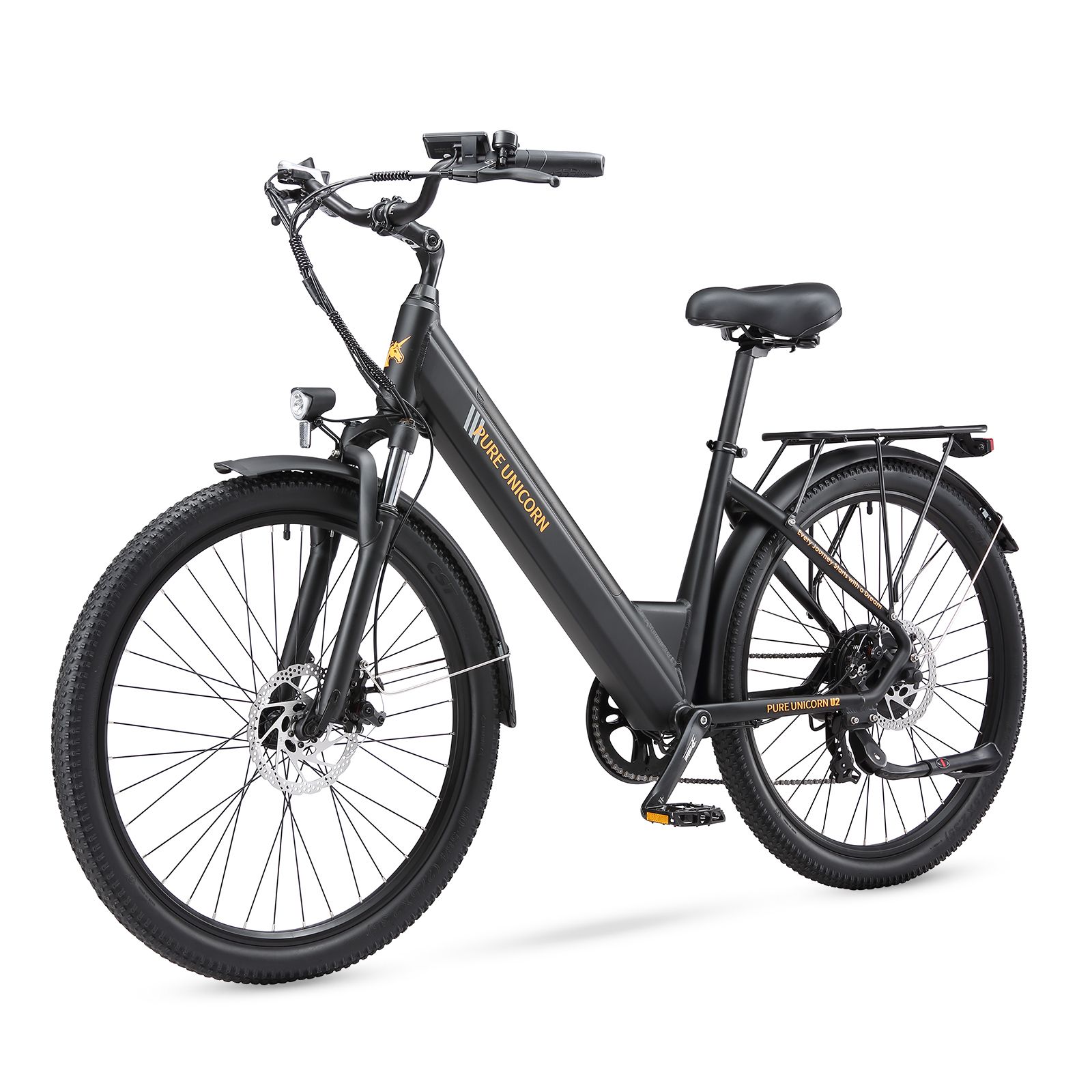 Vélo électrique noir avec lettrage jaune PURE UNICORN. Porte-bagages, garde-boue et phare.