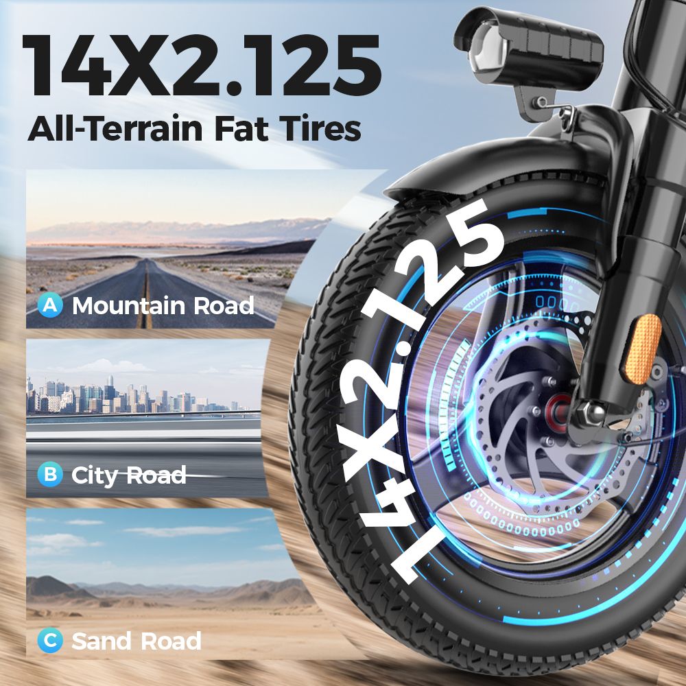 Pneu de vélo électrique avec inscription 14X2.125. Adapté aux routes de montagne, de ville et de sable. Pneu noir, système de freinage bleu.