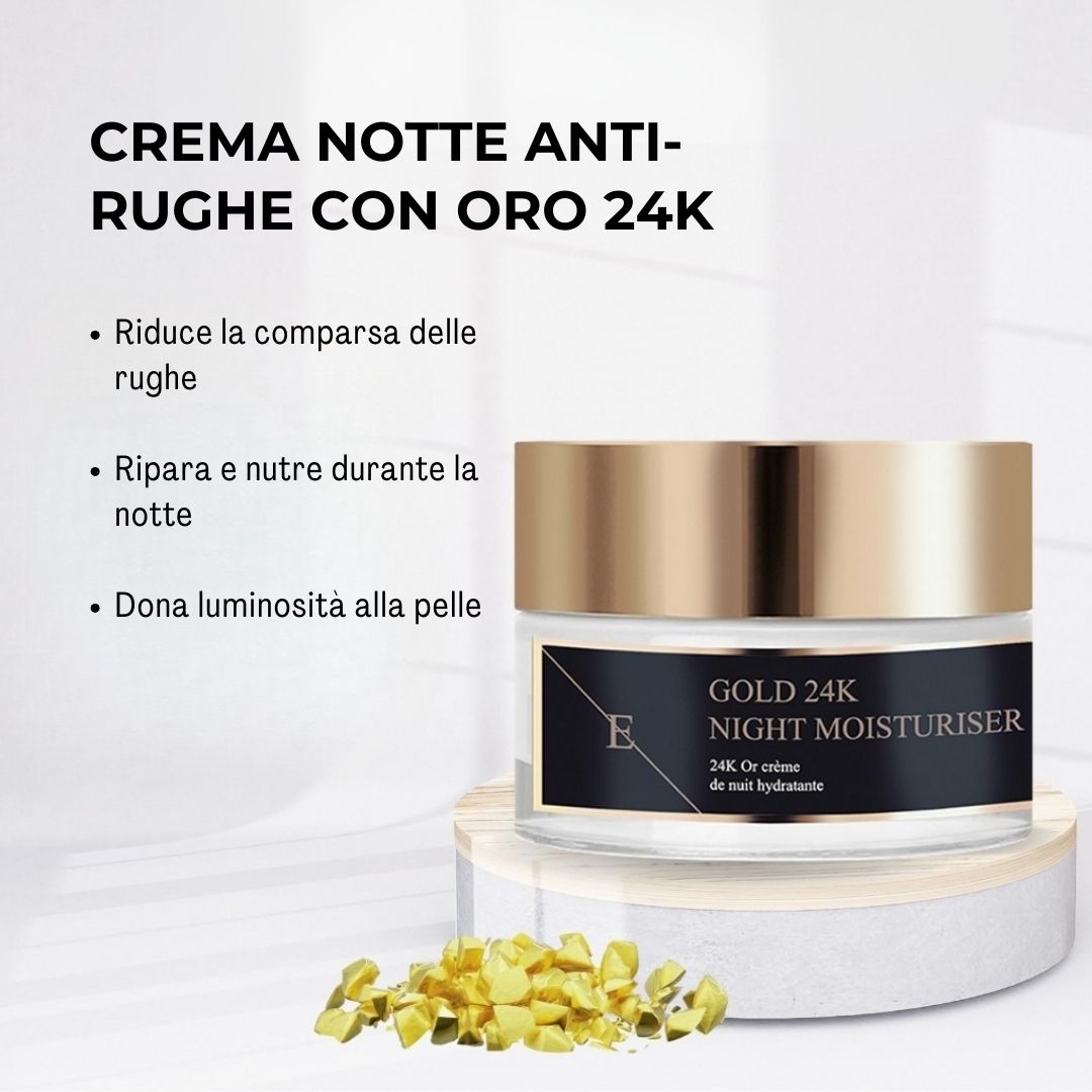 Pot de crème avec couvercle doré. Inscription : GOLD 24K NIGHT MOISTURISER. Texte : CREMA NOTTE ANTI-RUGHE CON ORO 24K.