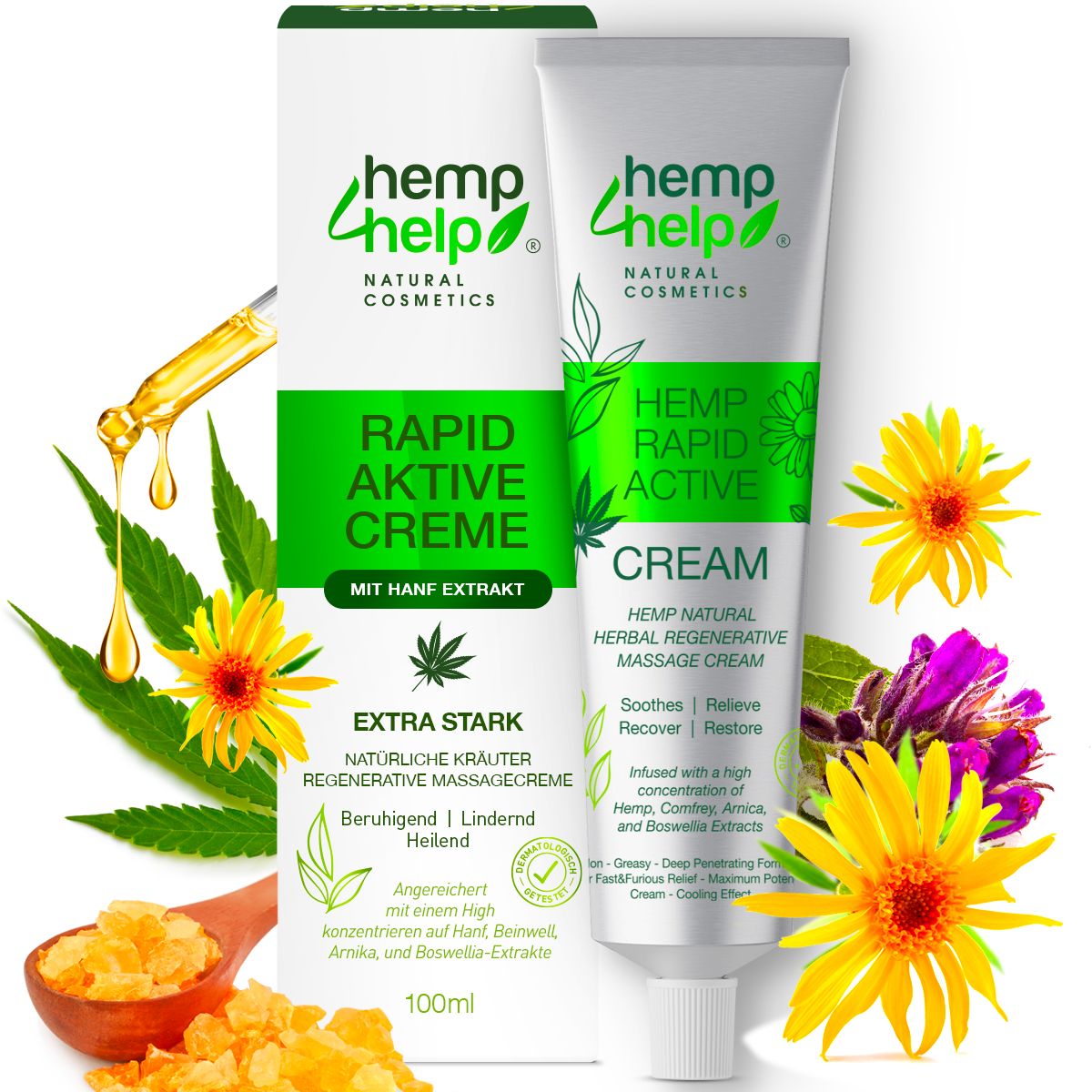 Tube et emballage carton de la crème Hemp+Help Rapid Active avec extrait de chanvre.