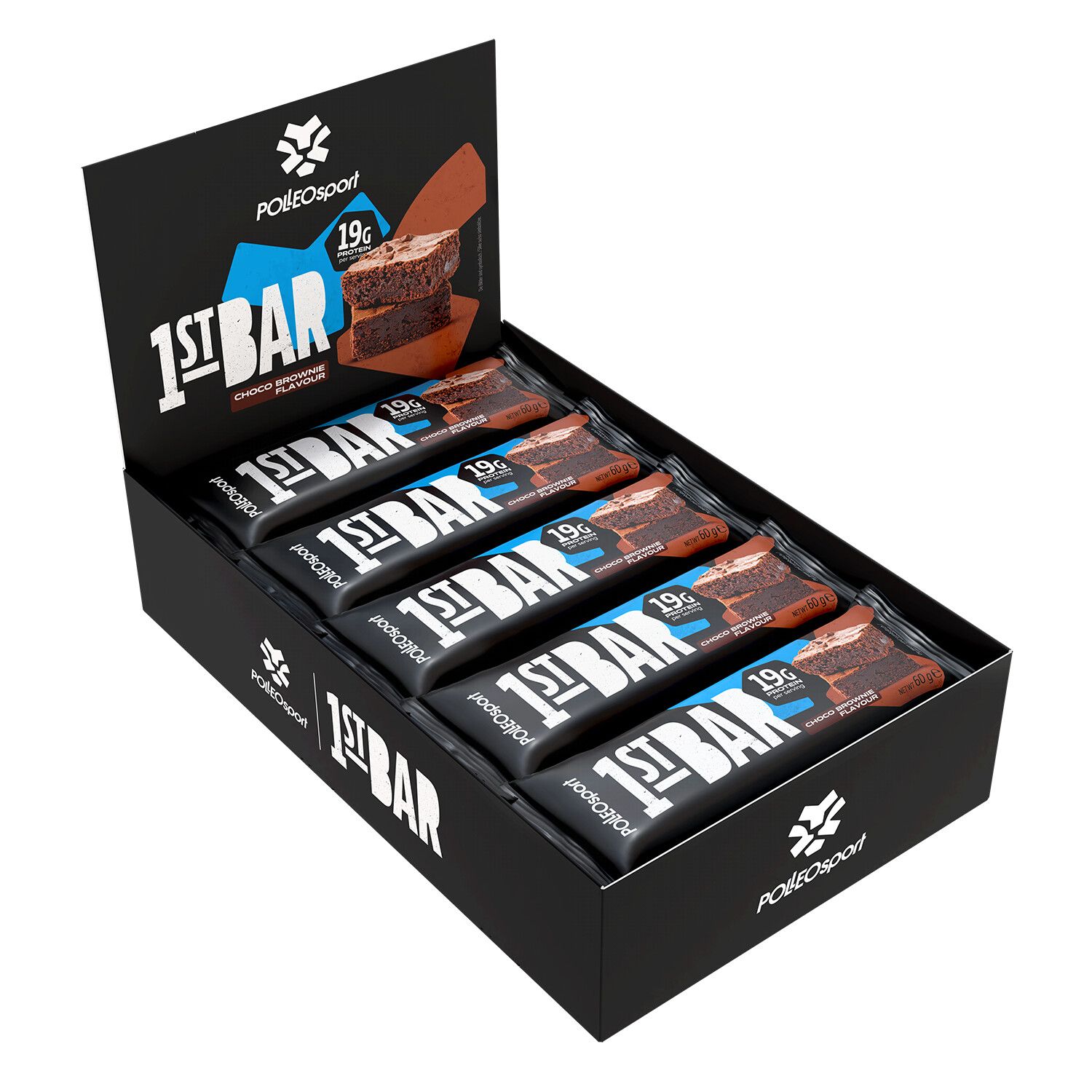 Zwarte doos met meerdere verpakte Polleo 1st Bars. Opdruk: 19g eiwit, Choco Brownie. Open verpakking.