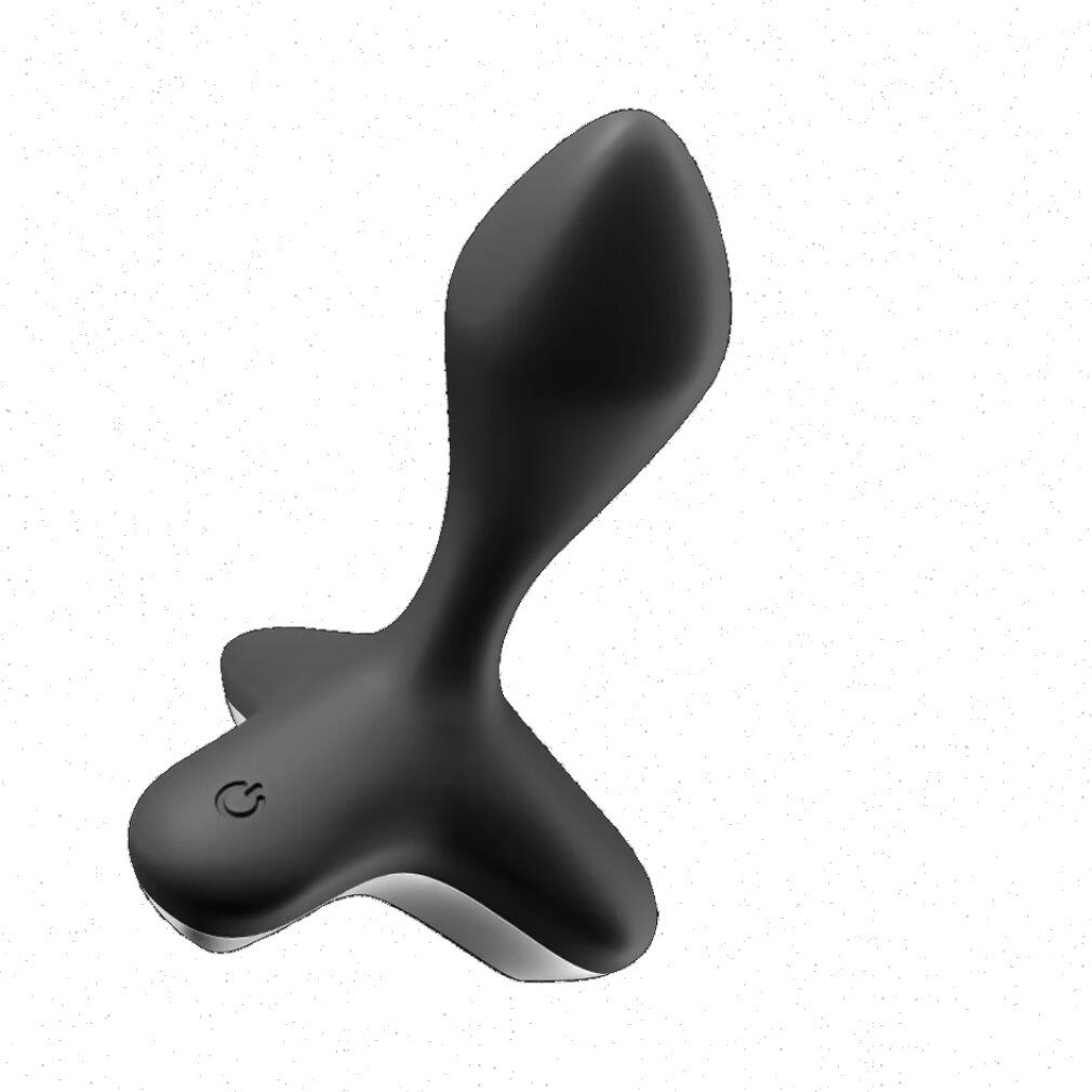 Vibrateur anal noir, légèrement incliné. Pointe ovale, forme ergonomique. Bouton d'alimentation avec symbole. Base argentée. Surface lisse.