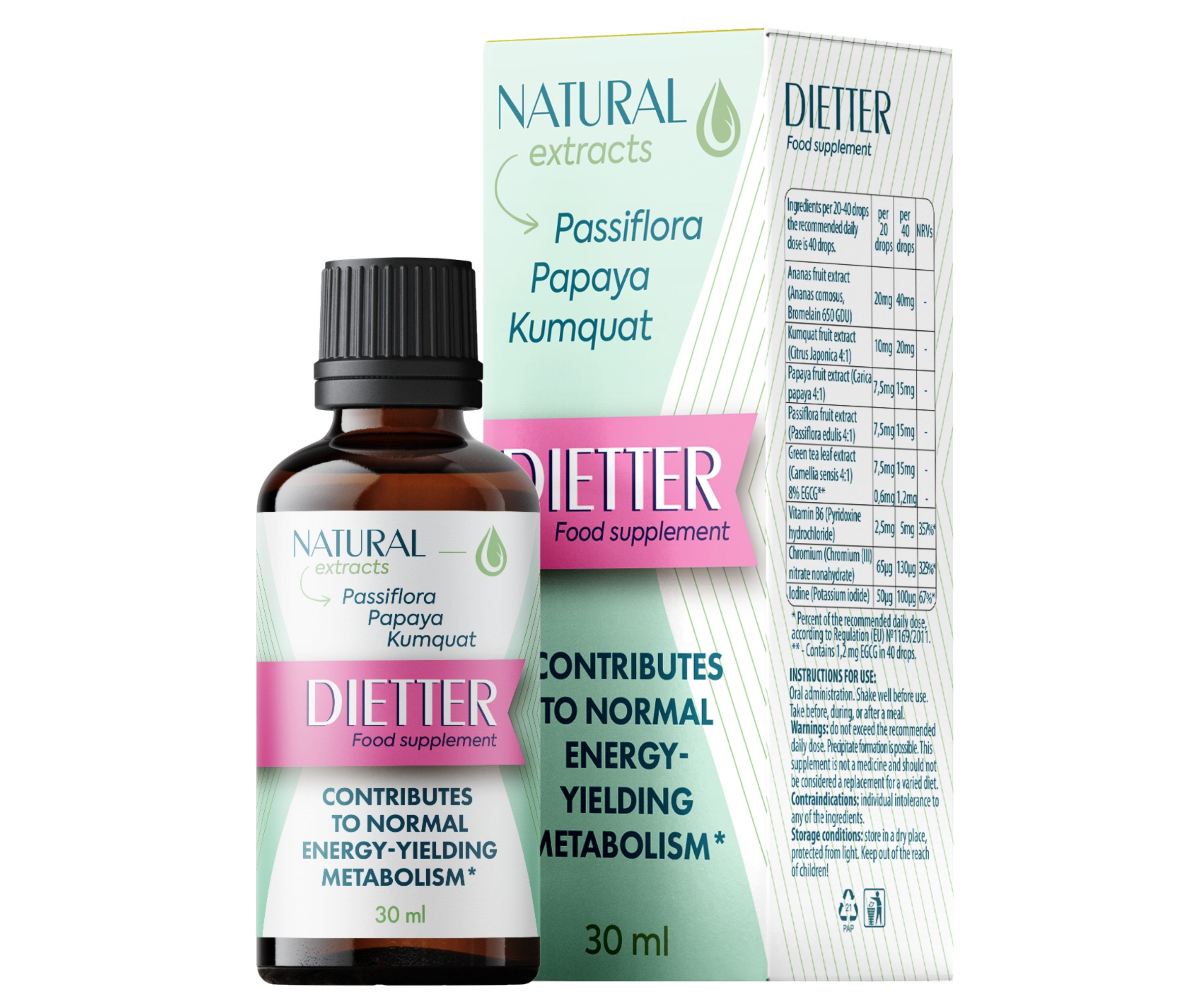 Bruine glazen fles met zwarte dop en verpakking. Opschrift: DIETTER, voedingssupplement. Bevat 30 ml.