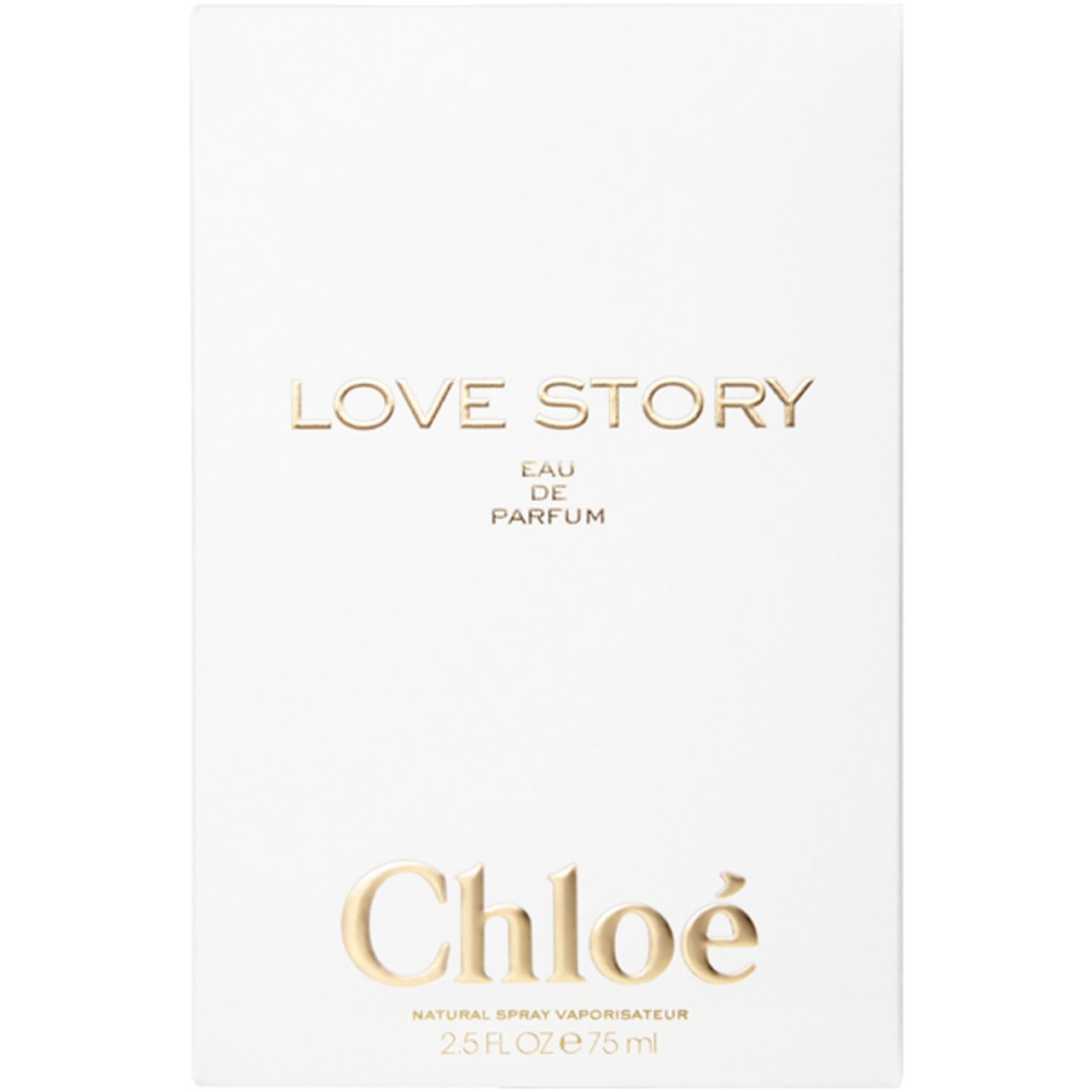 Boîte blanche avec texte doré. "Love Story" en haut, "Chloé" en dessous. "2.5 FL.OZ 75 ml" en bas.