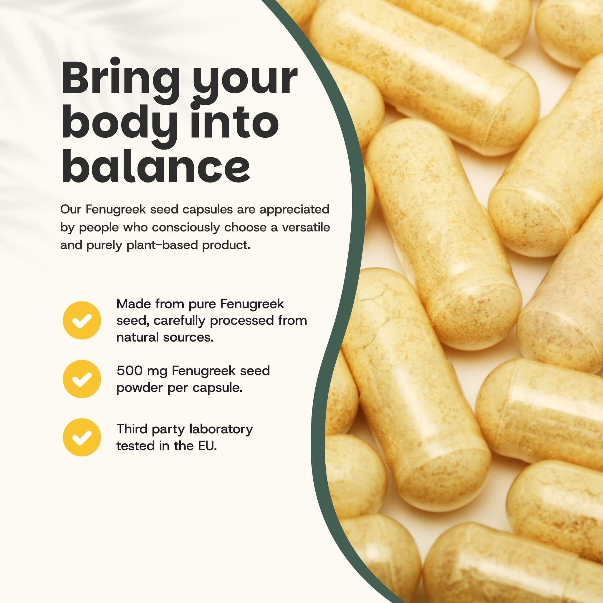 Gélules. Texte: Équilibrez votre corps. 500 mg de graines de fenugrec par gélule.