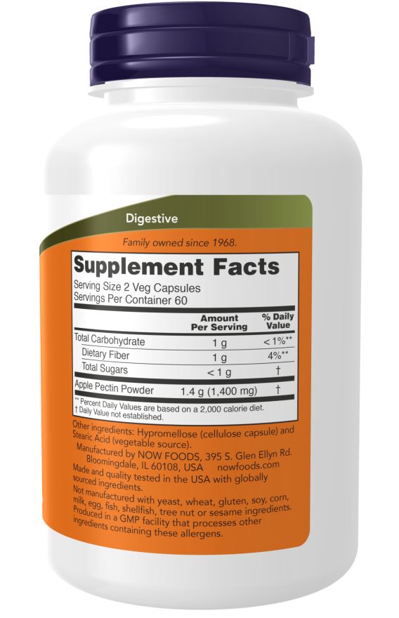 Dos du flacon. Étiquette avec informations nutritionnelles, ingrédients et fabricant. NOW FOODS Apfelpektin.