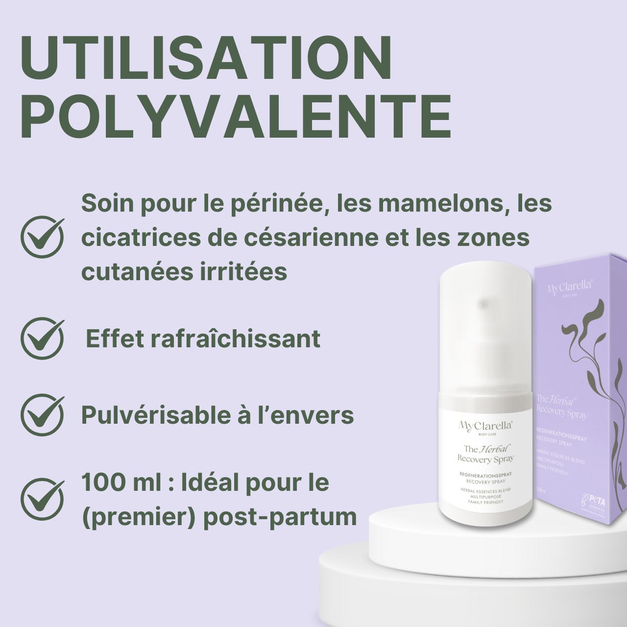 Flacon spray et boîte. Soin pour le périnée, les mamelons, les cicatrices de césarienne et les zones cutanées irritées. Effet rafraîchissant. 100 ml.
