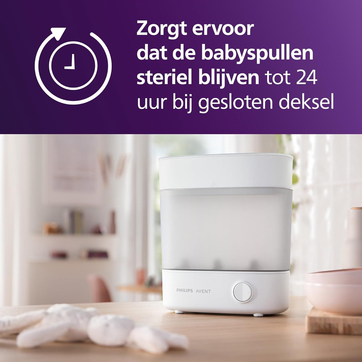 Philips Avent sterilisator op een tafel, met een paarse cirkel die de steriliteit tot 24 uur aangeeft.