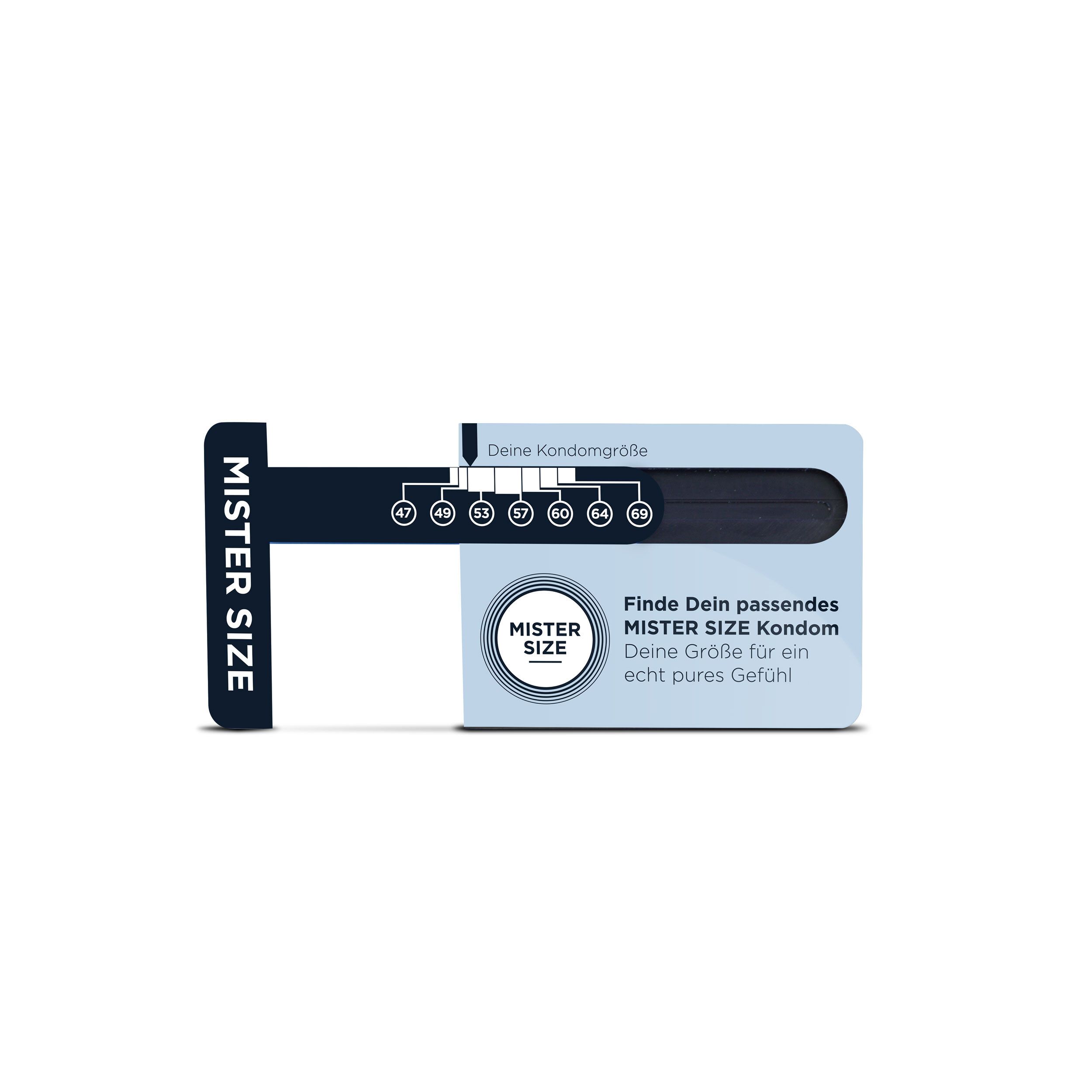 Règle Mister Size dépliée. Affiche les tailles. Texte noir: Mister Size, Trouvez votre préservatif Mister Size.