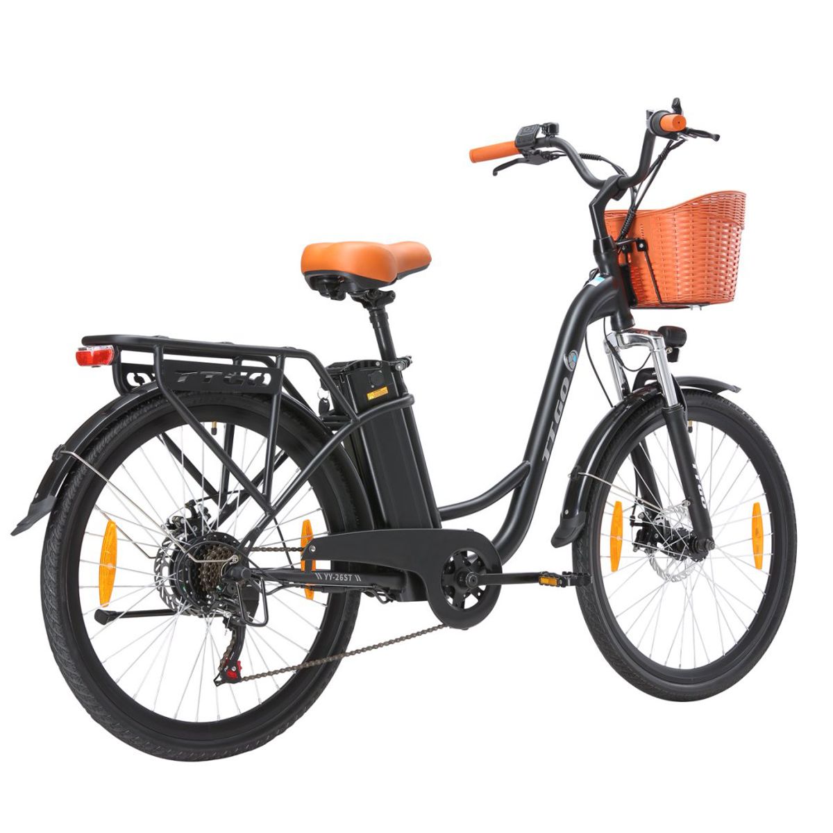 Vélo électrique noir avec panier, selle marron et poignées orange. Logo TTGO sur le cadre.