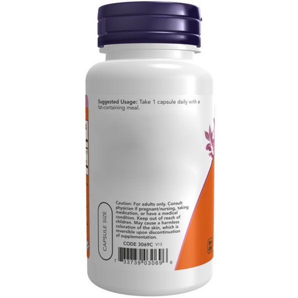 Vue arrière d'un flacon blanc avec bouchon violet. Étiquette orange avec texte. Texte: "CAPSULE SIZE".