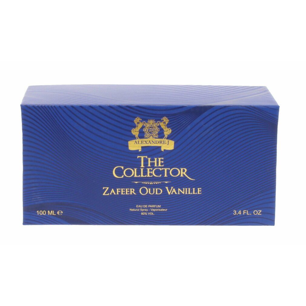 Boîte rectangulaire bleue avec motif ondulé. Inscription: Alexandre.J The Collector Zafeer Oud Vanille. Logos et texte dorés.