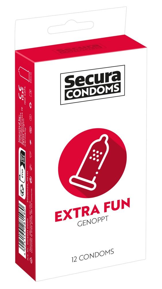 Emballage de Secura Condoms Extra Fun. Emballage rouge et blanc avec logo et nom du produit.