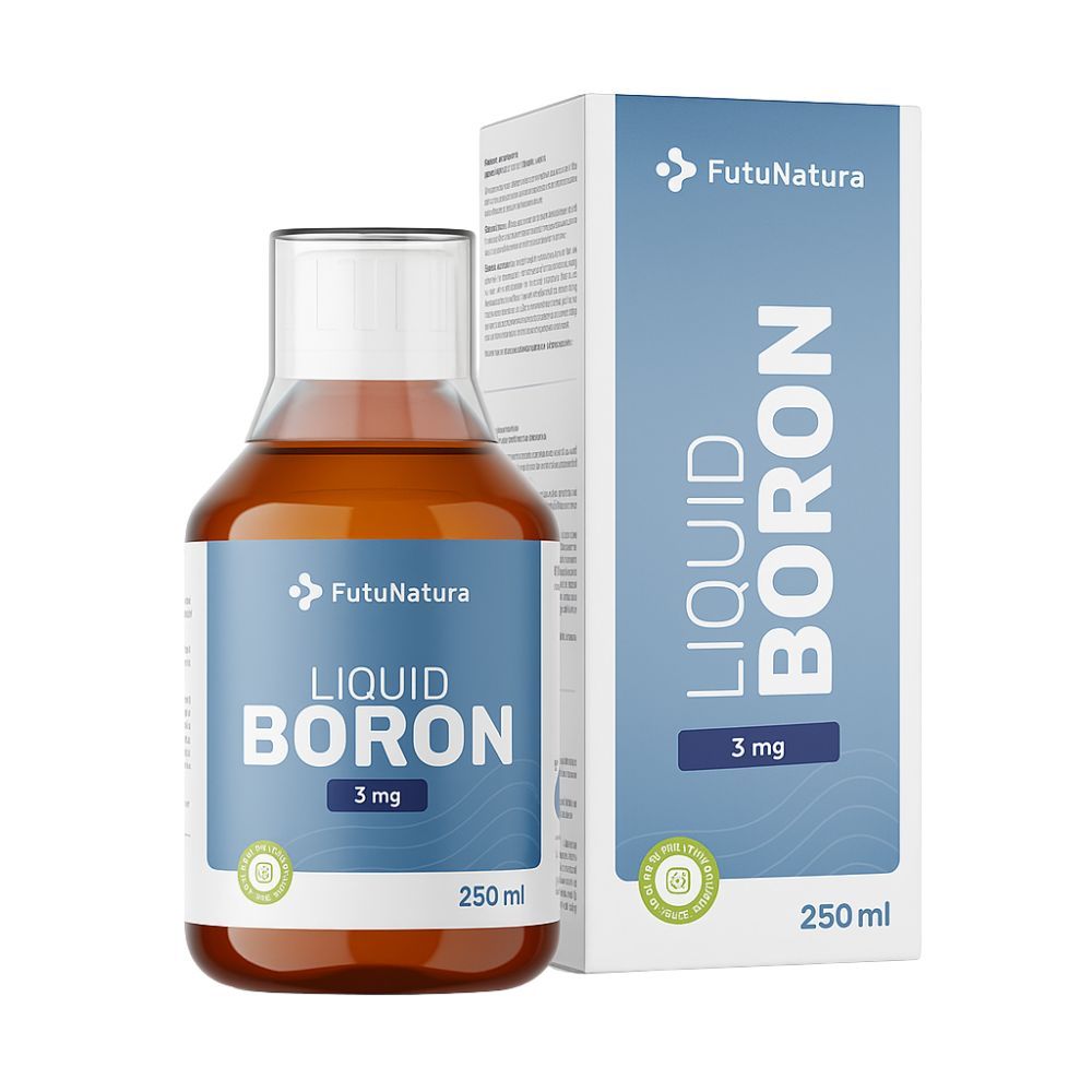 Flacon et boîte de FutuNatura Liquid Boron. Inscription : Liquid Boron 3 mg, 250 ml. Emballage vert et blanc.