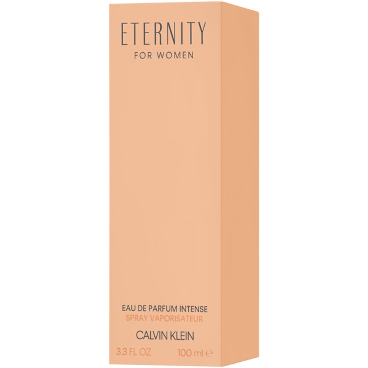 Emballage rectangulaire beige. Inscription : Eternity for Women, Eau de Parfum Intense, Calvin Klein.