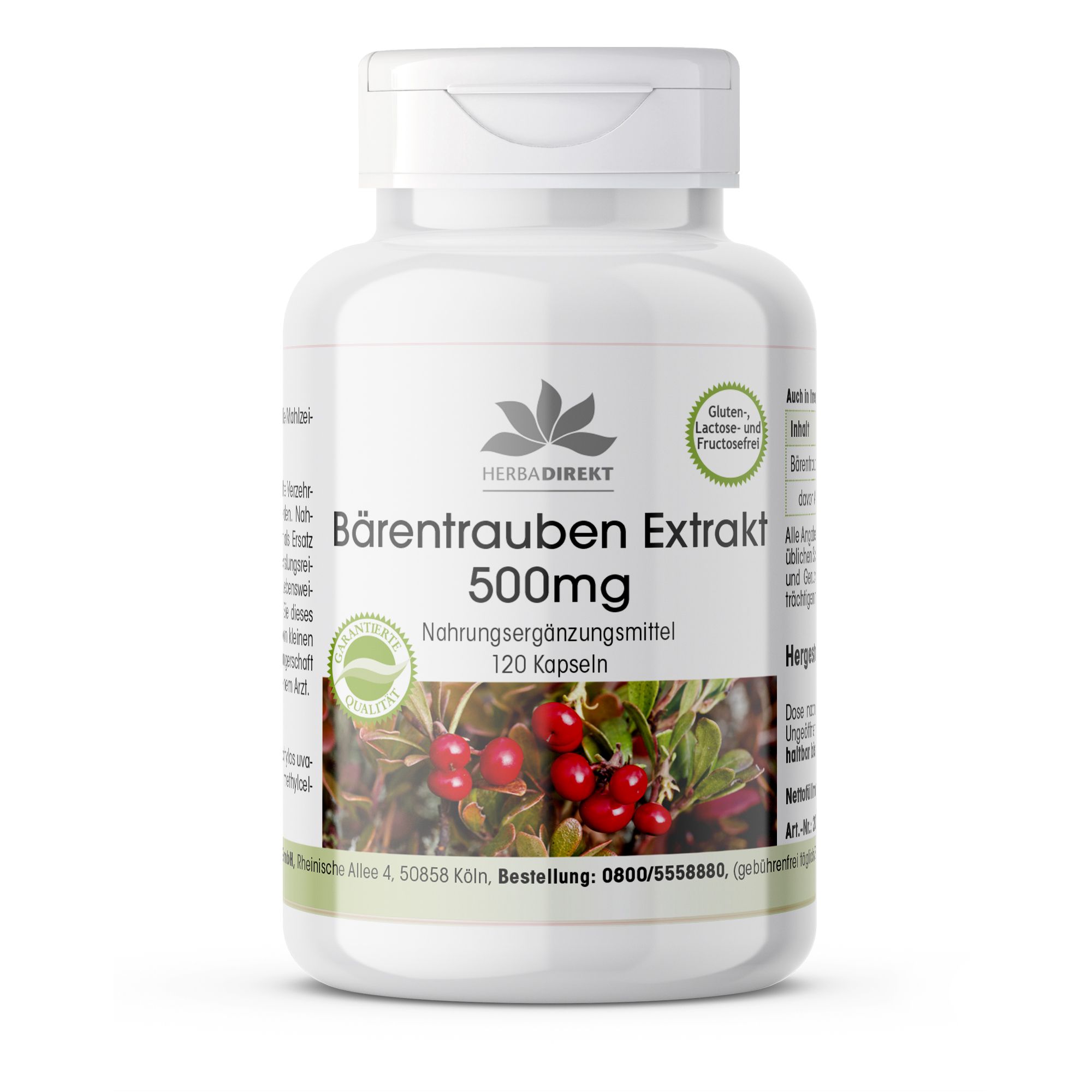 Witte fles met capsules. Opschrift: Berendruif Extract 500mg, 120 capsules. Logo: Herbadirekt. Keurmerk: Glutenvrij, lactosevrij en fructosevrij.