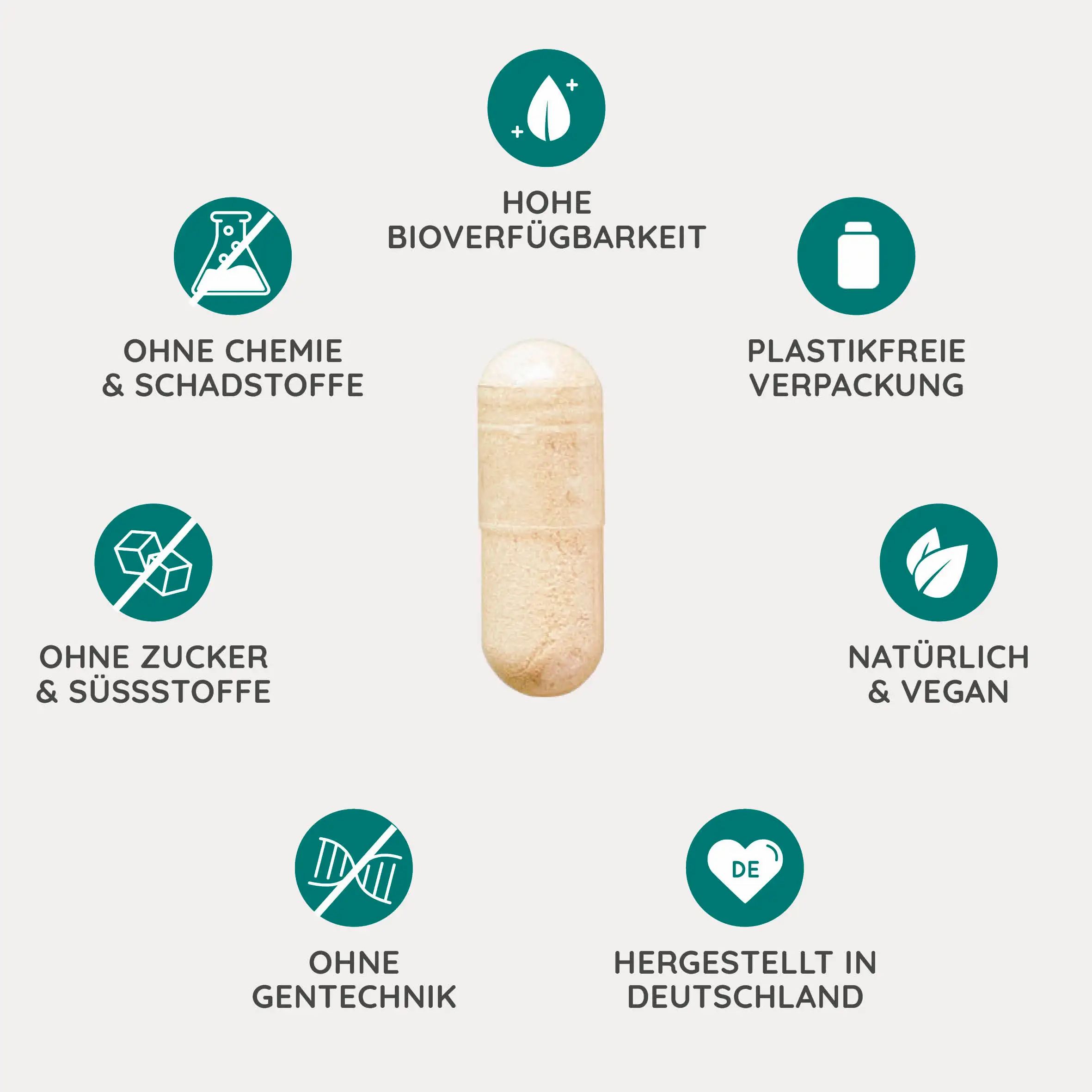 Capsule in het midden, omringd door iconen. Zonder chemicaliën, zonder suiker, zonder GGO's, hoge biologische beschikbaarheid.