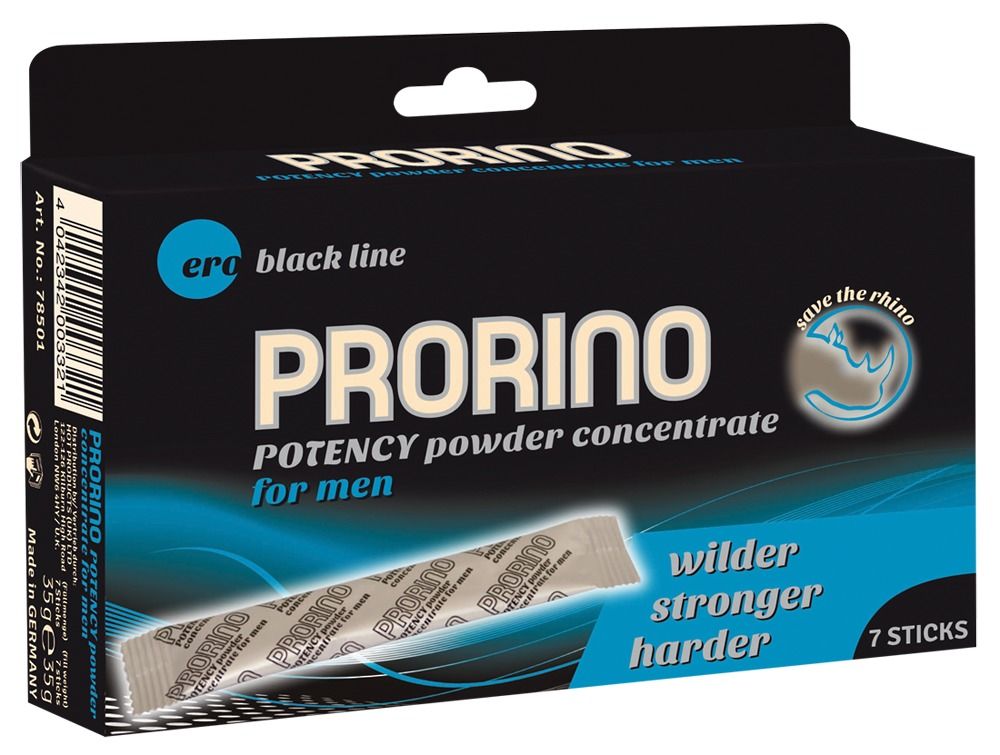 Zwarte doos met PRORINO. Bevat 7 sticks. Tekst: Potency powder concentrate for men. Logo: Save the rhino. Tekst: Wilder, stronger, harder.