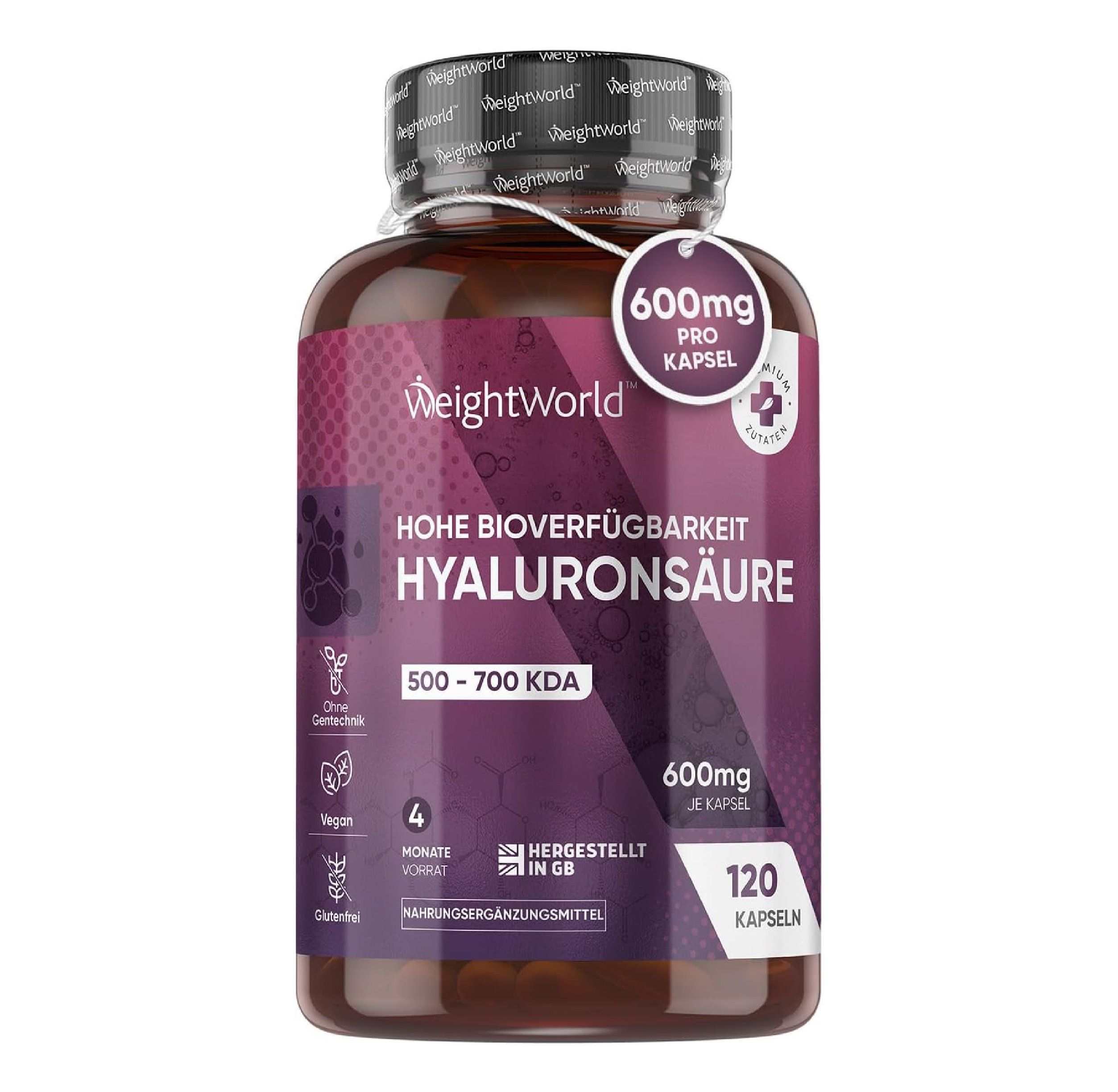 Bruine fles met 120 capsules. Opschrift: Hyaluronzuur, 600mg per capsule. Merk: WeightWorld.