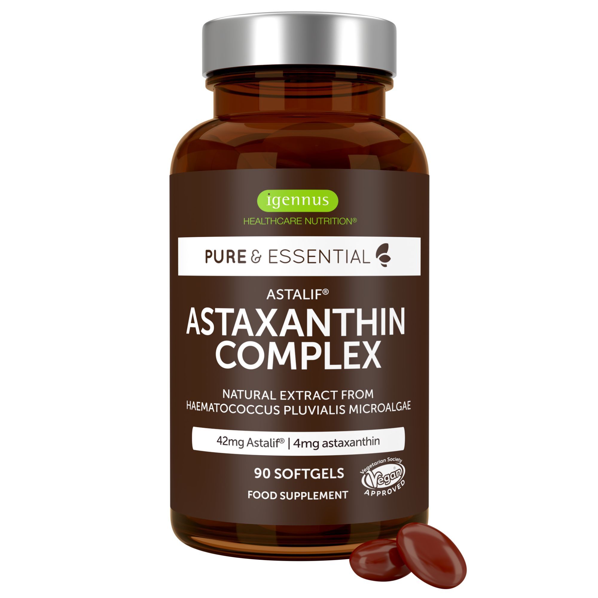 Bruine glazen fles met zilveren dop, gevuld met astaxanthine softgels.