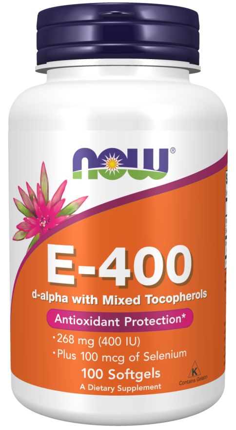 Witte fles met oranje etiket. Opschrift "NOW" en "E-400". Bevat 100 softgels. Met vitamine E en selenium.