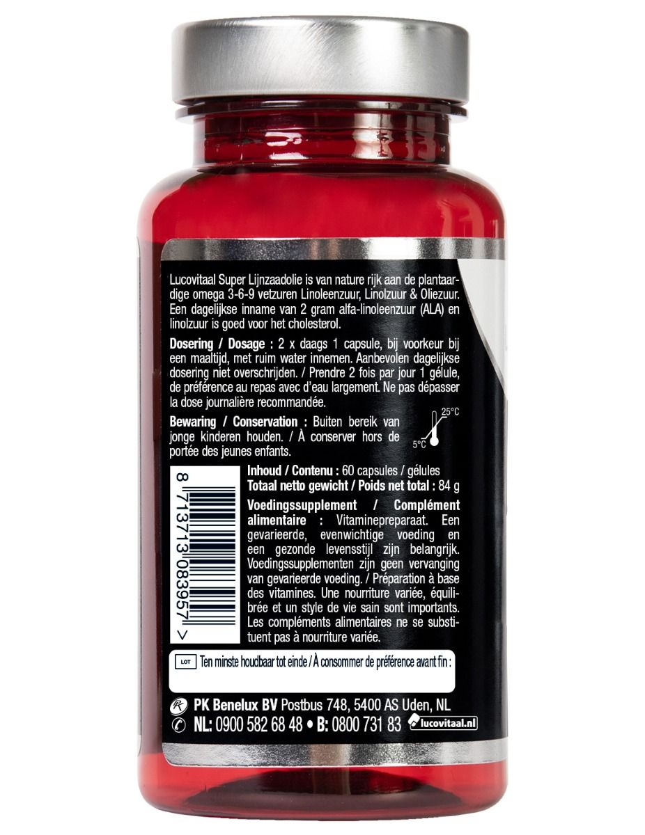 Achterkant van een rode capsulefles. Tekst: Dosering, ingrediënten, waarschuwingen, houdbaarheidsdatum, fabrikant informatie.