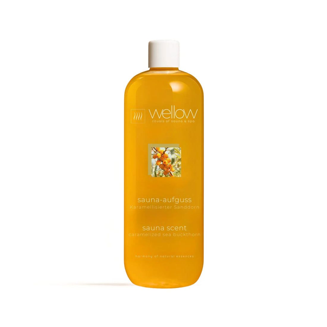 Gele fles met witte dop. Opschrift: Wellow, Sauna-Aufguss, karamellisierter Sanddorn, Sauna Scent.
