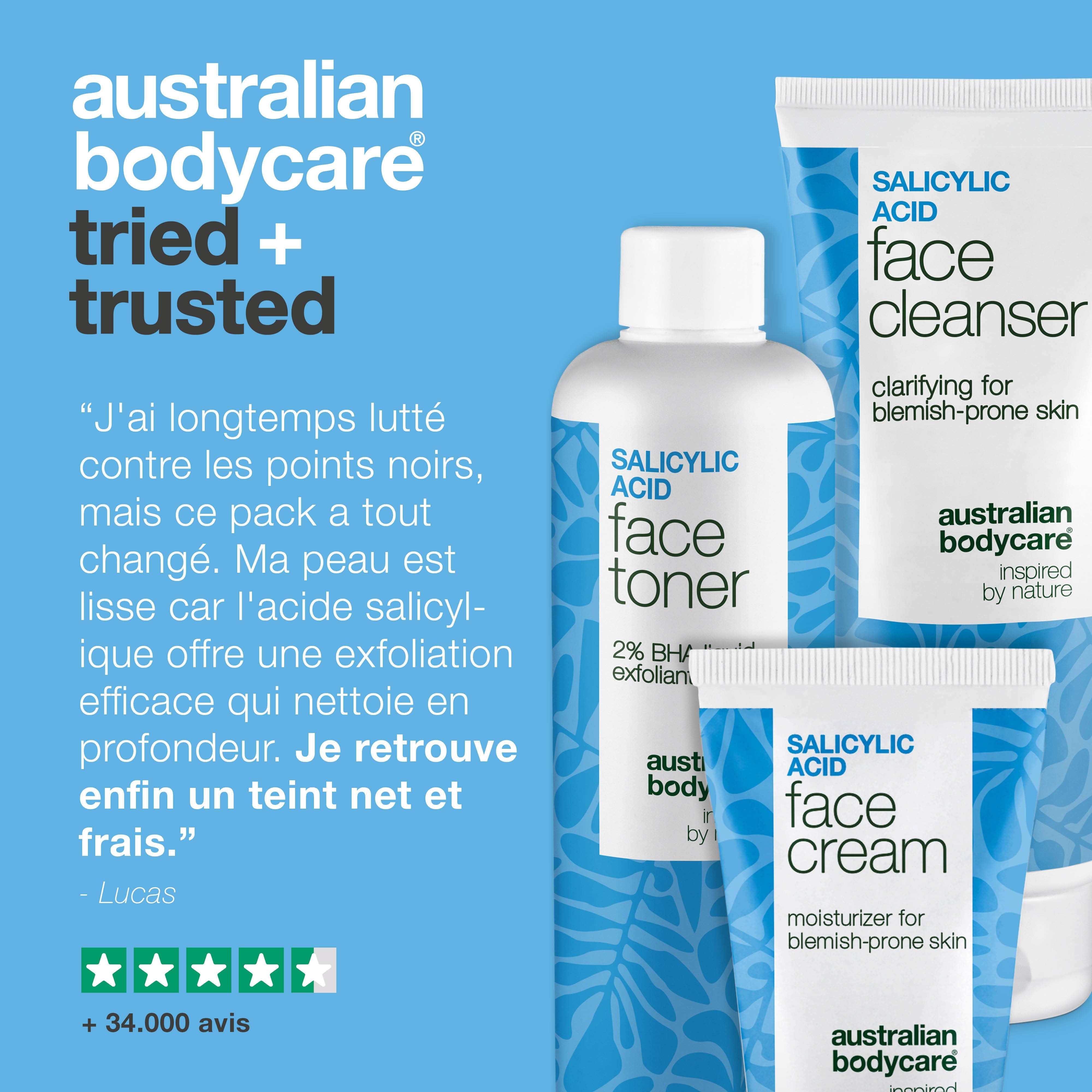 Trois produits Australian Bodycare : lotion tonique, nettoyant et crème pour le visage. Texte : essayé et approuvé.