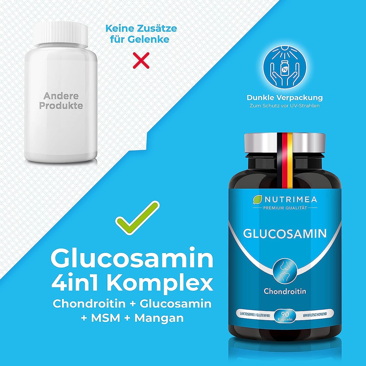 Vergelijking: Andere producten vs. Glucosamine 4in1 Complex. Fles met Glucosamine, Chondroïtine, MSM, Mangaan. 90 capsules.