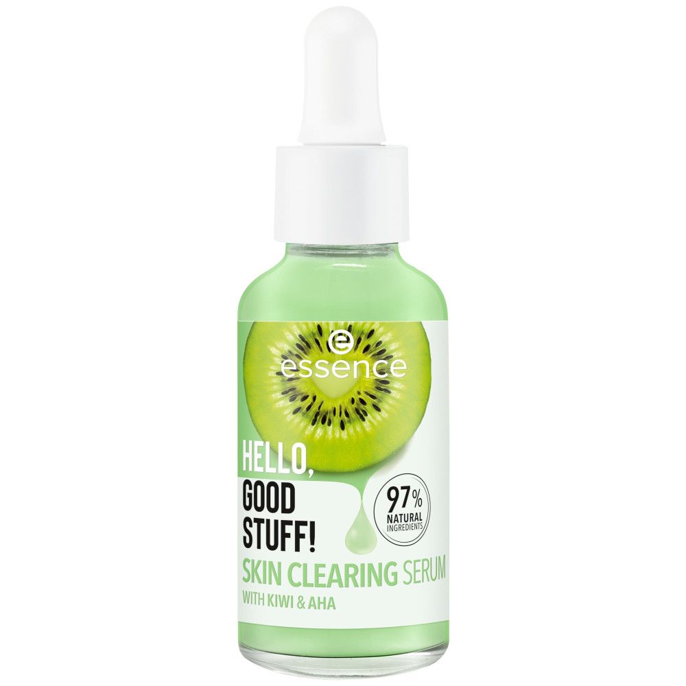 Flacon vert avec pipette. Inscription : Essence, Hello, Good Stuff!, Skin Clearing Serum. Illustration de kiwi.