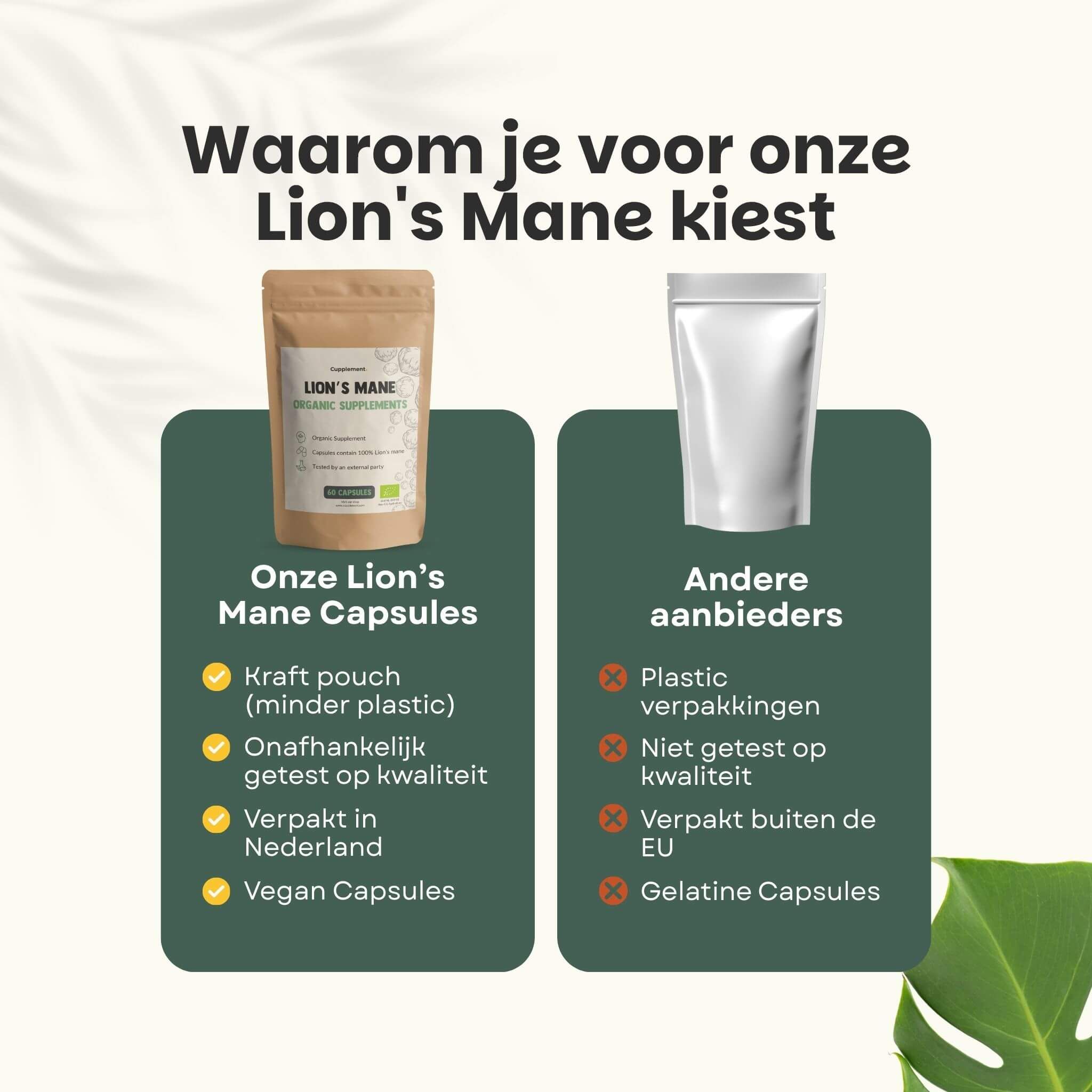 Vergelijking: Lion's Mane capsules vs. andere aanbieders. Kraftzak, vegan capsules. Geen gelatine.
