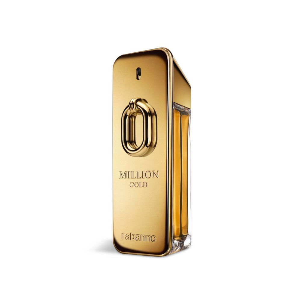 Gouden fles met "MILLION GOLD" en "rabanne". Rechthoekige vorm met gouden sluiting.