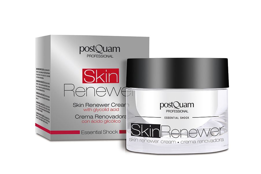 Crèmepot met zwarte deksel en doos. Opschrift Skin Renewer en PostQuam Professional. Crème met glycolzuur.