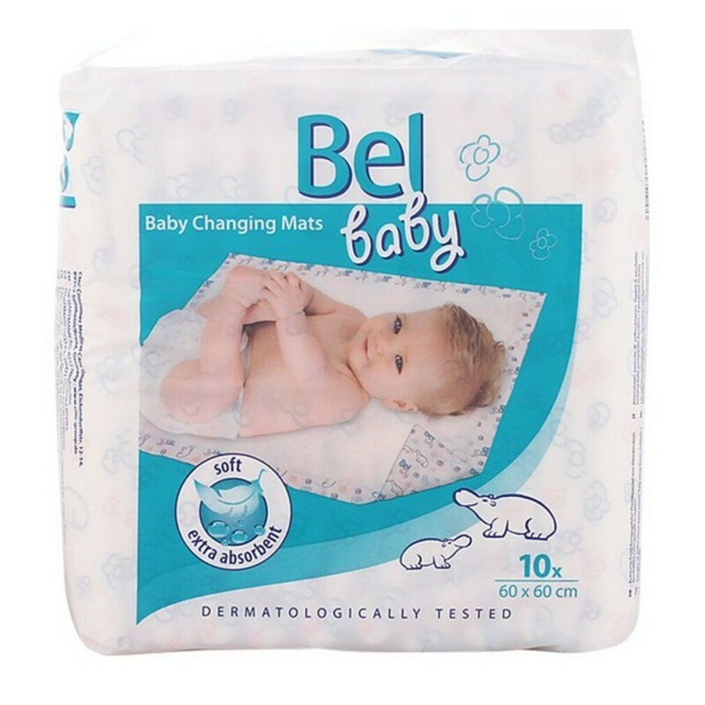 Verpakking Bel Baby aankleedkussens. Tien stuks, 60x60cm. Zacht en extra absorberend. Dermatologisch getest. Baby op de verpakking.
