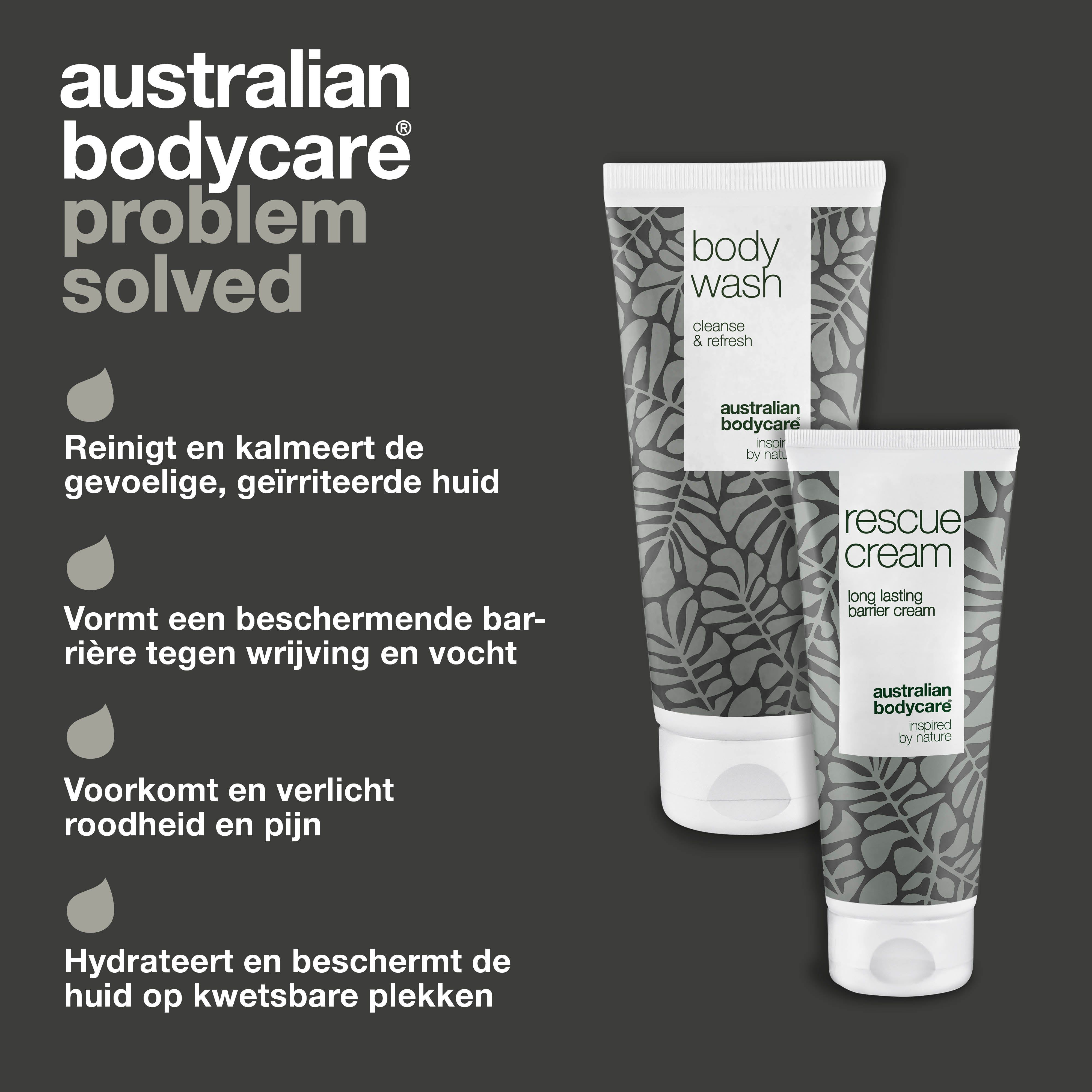 Grafiek: Australian Bodycare probleem opgelost. Reinigt, kalmeert, beschermt. Twee tubes: Body Wash en Rescue Cream.
