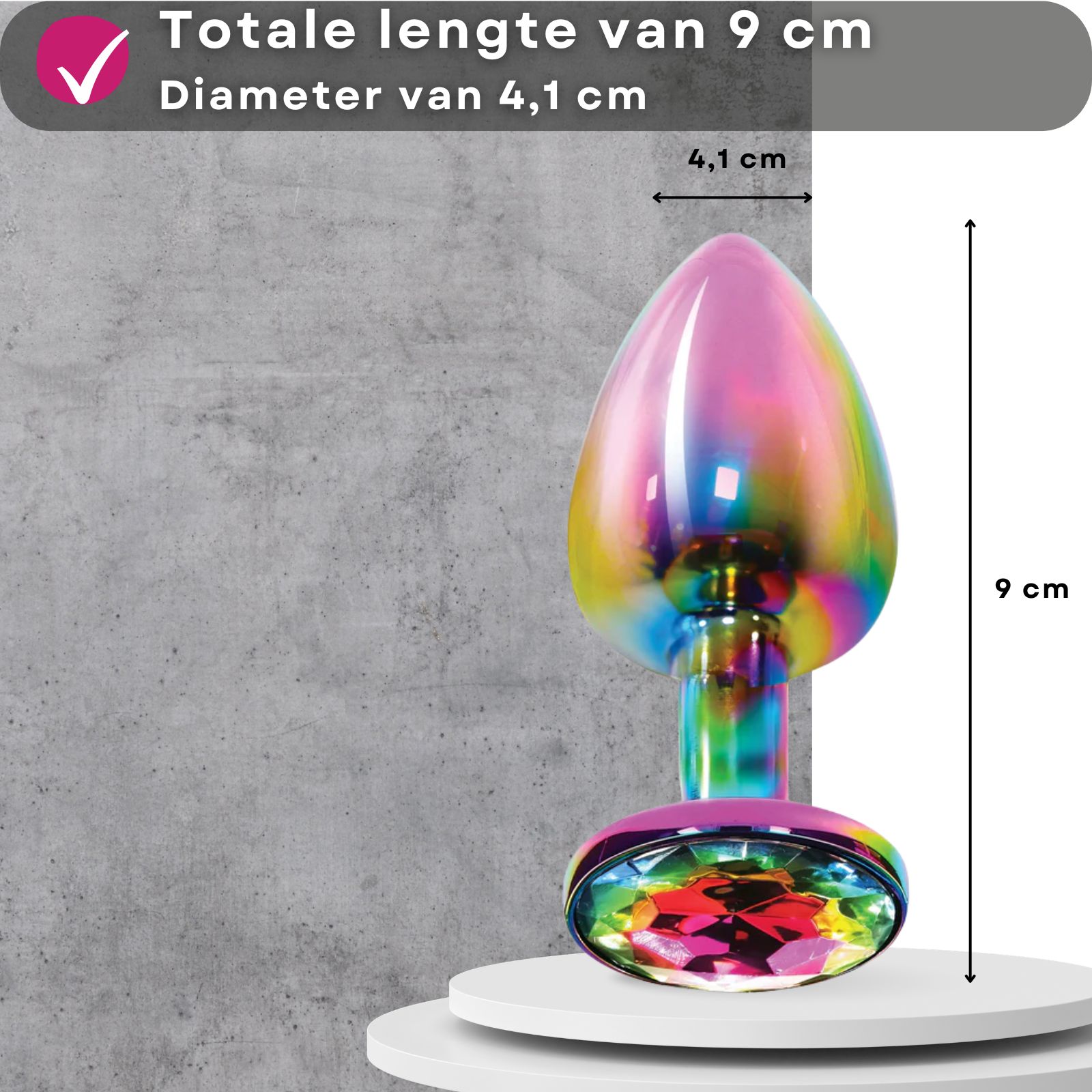 Multicolor anale plug. Totale lengte 9 cm, diameter 4,1 cm. Product op sokkel.